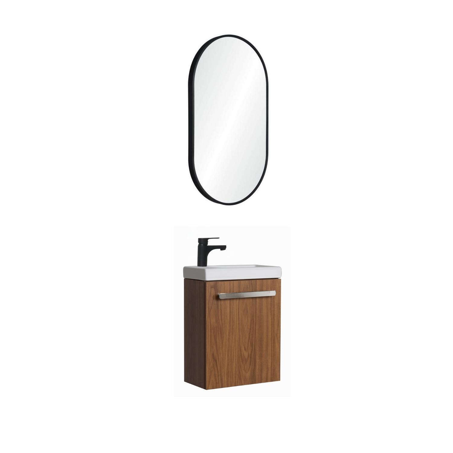 Ensemble lave-mains suspendu avec poignée métal, robinet noir et miroir ovale noir