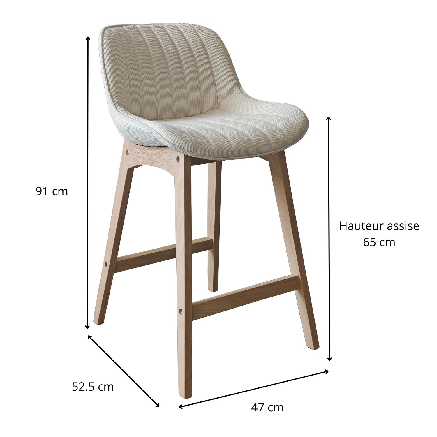 Lot de chaises d'îlot et bar en chêne et assise tissu velours côtelé 65cm
