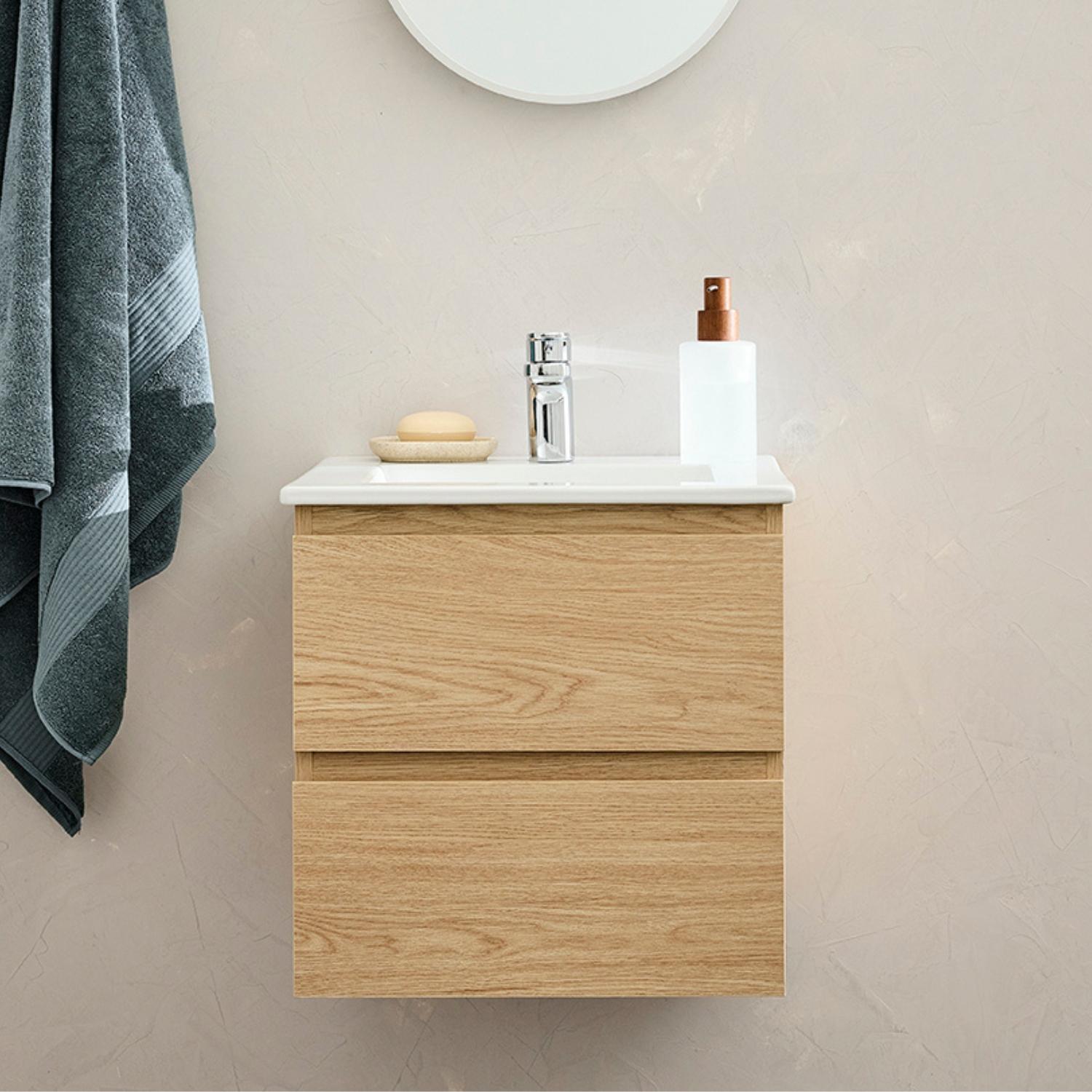 Ensemble meuble simple vasque 45cm avec plan céramique et robinet chromé