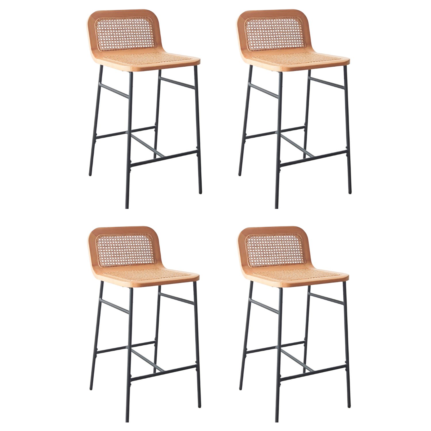 Lot de chaises d'îlot et bar en métal et assise cannage H65cm