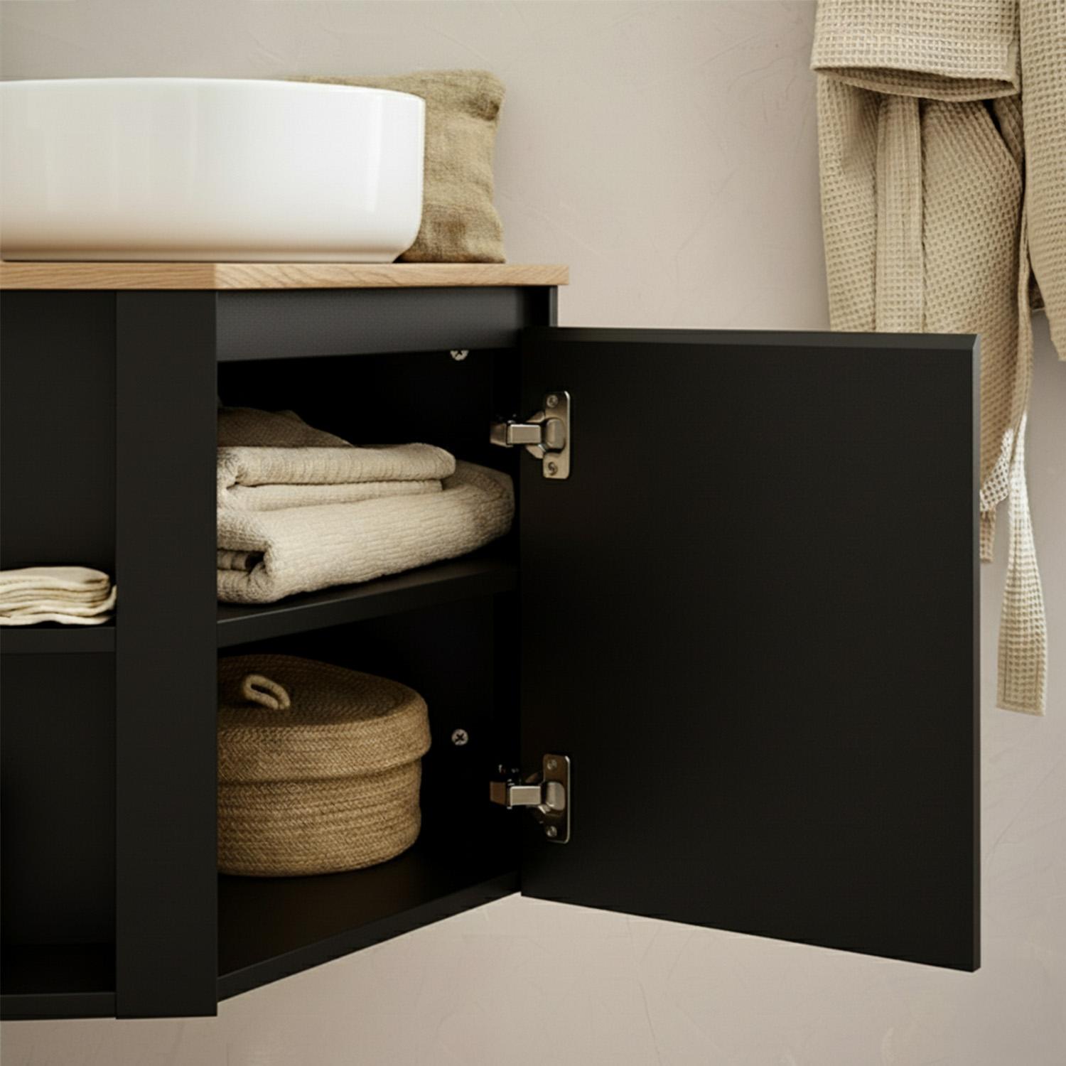 Ensemble meuble sous vasque d'angle avec vasque, robinet noir et armoire de toilette