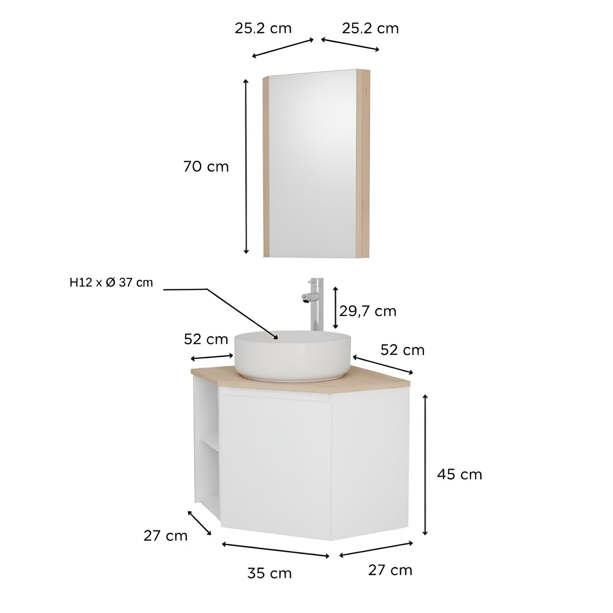 Ensemble meuble sous vasque d'angle avec vasque, robinet chromé et armoire de toilette