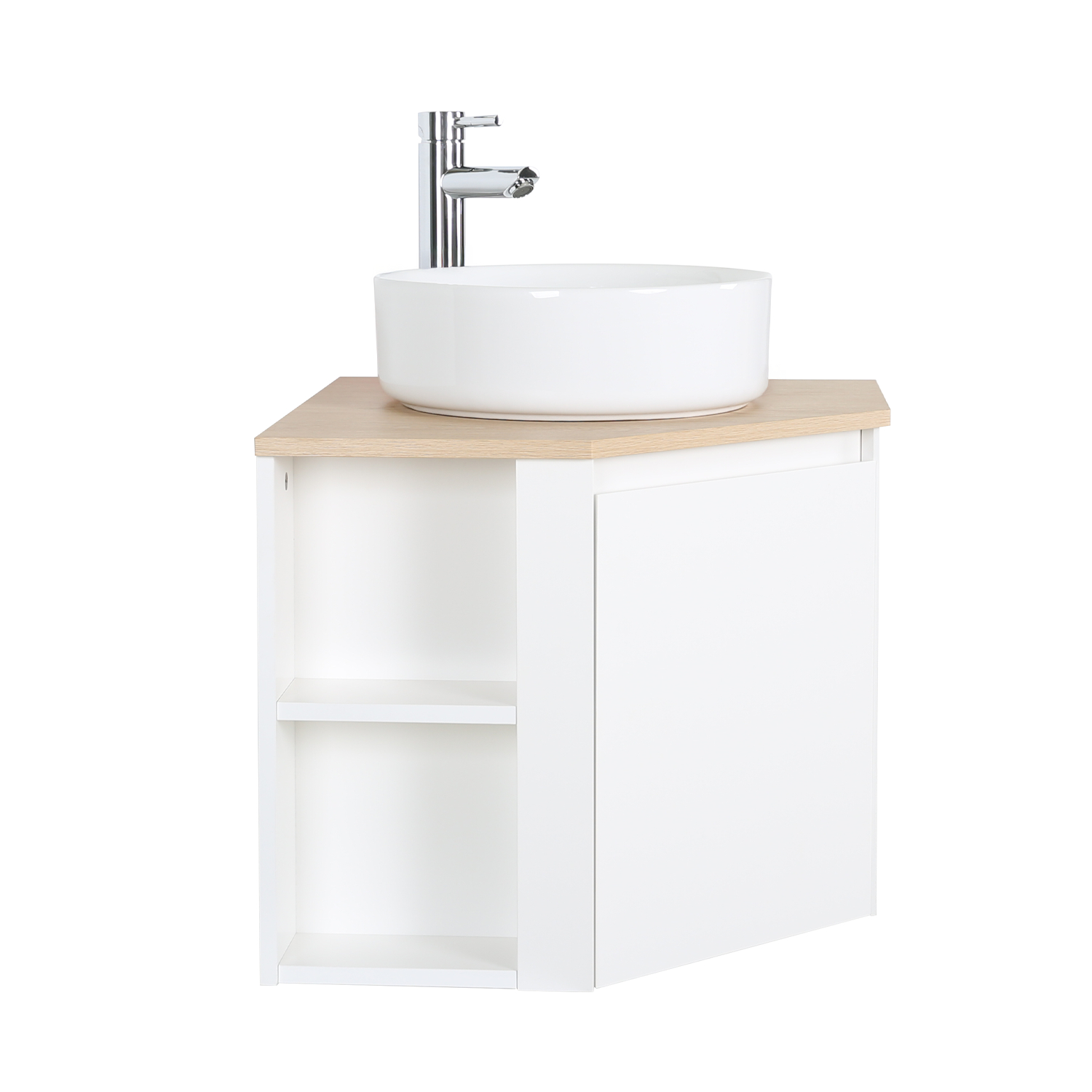 Ensemble meuble sous vasque d'angle avec vasque blanche et robinet chromé
