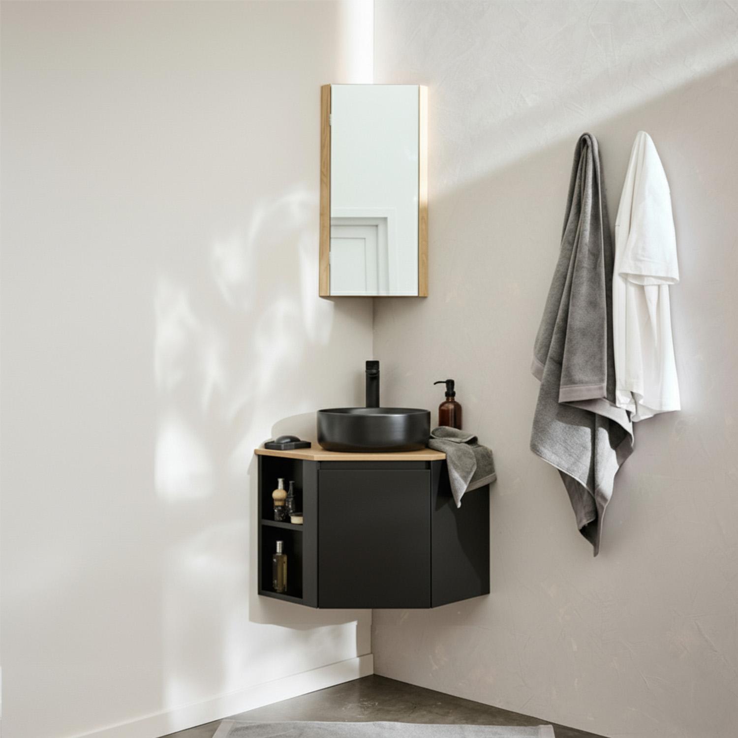 Meuble sous vasque d'angle suspendu 52cm - avec plan vasque décor chêne