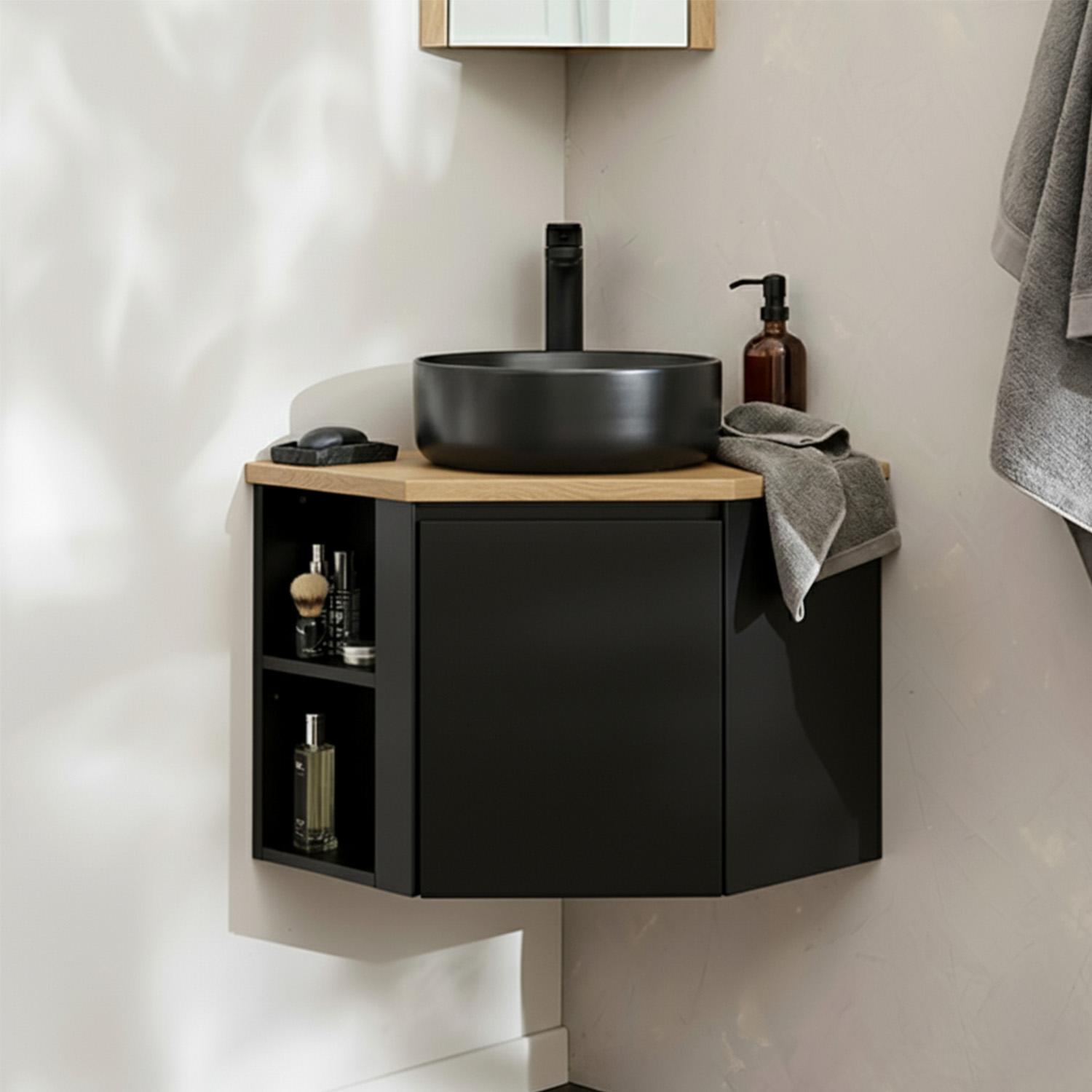 Ensemble meuble sous vasque d'angle avec vasque noire