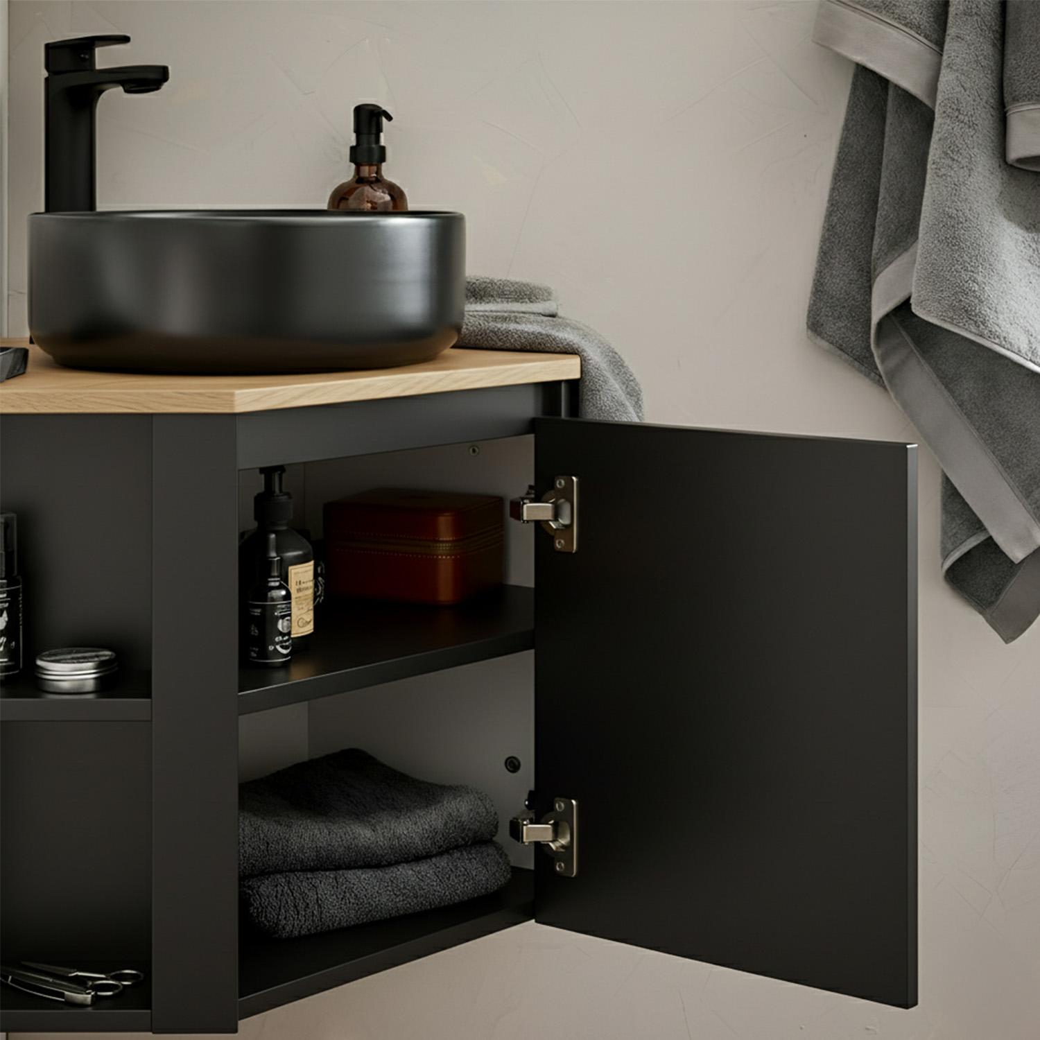 Ensemble meuble sous vasque d'angle avec vasque noire