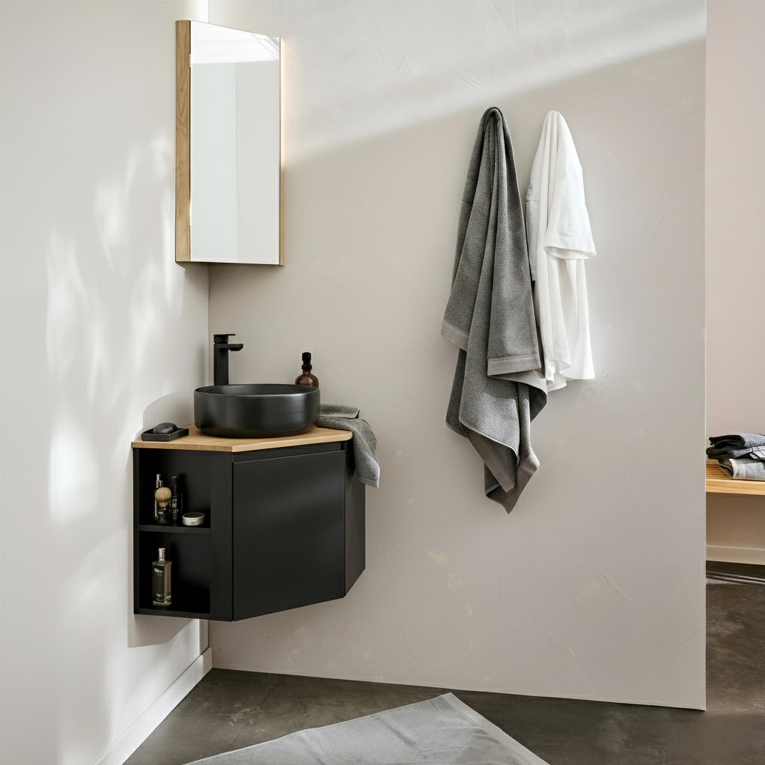 Ensemble meuble sous vasque d'angle avec vasque noire