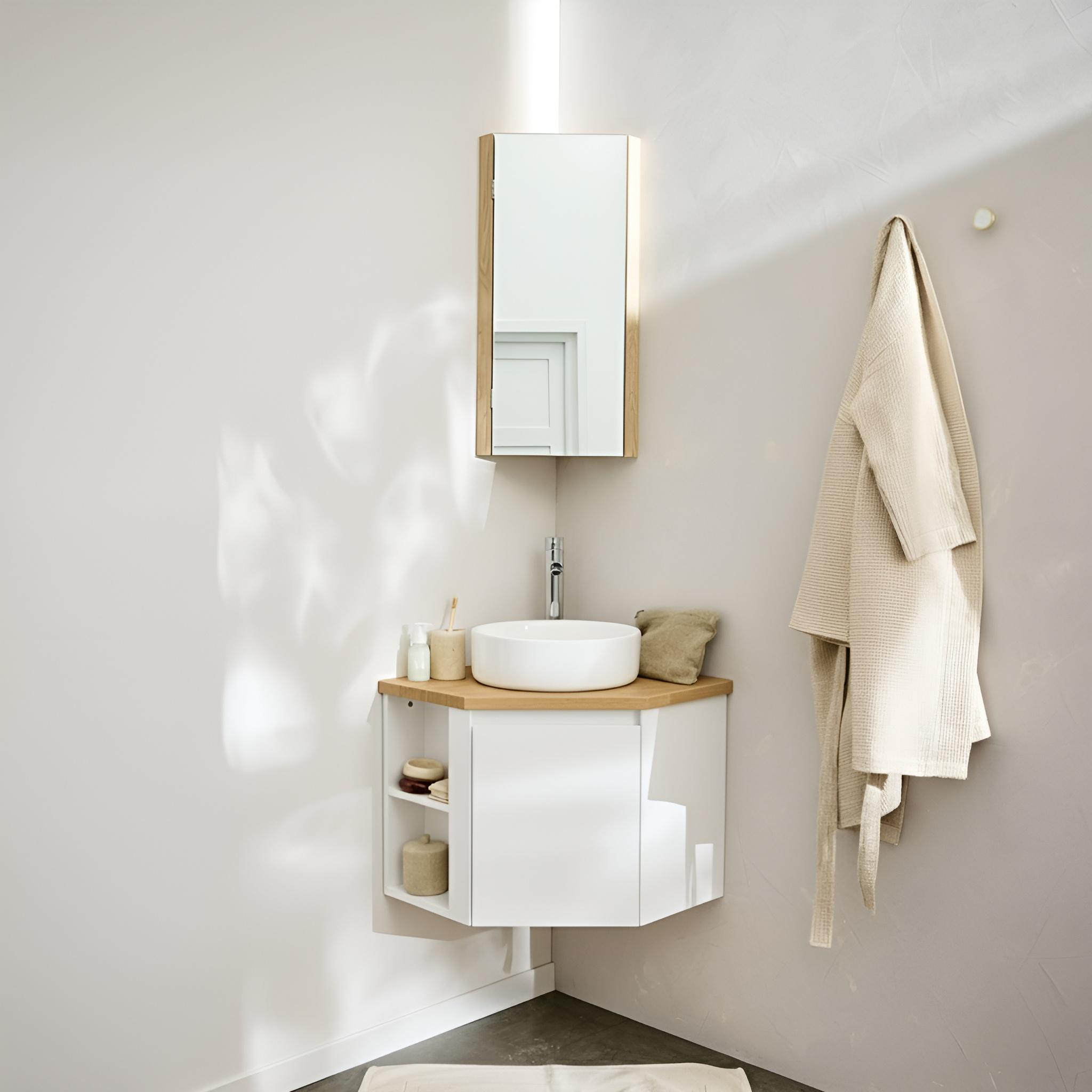 Ensemble meuble sous vasque d'angle avec vasque blanche