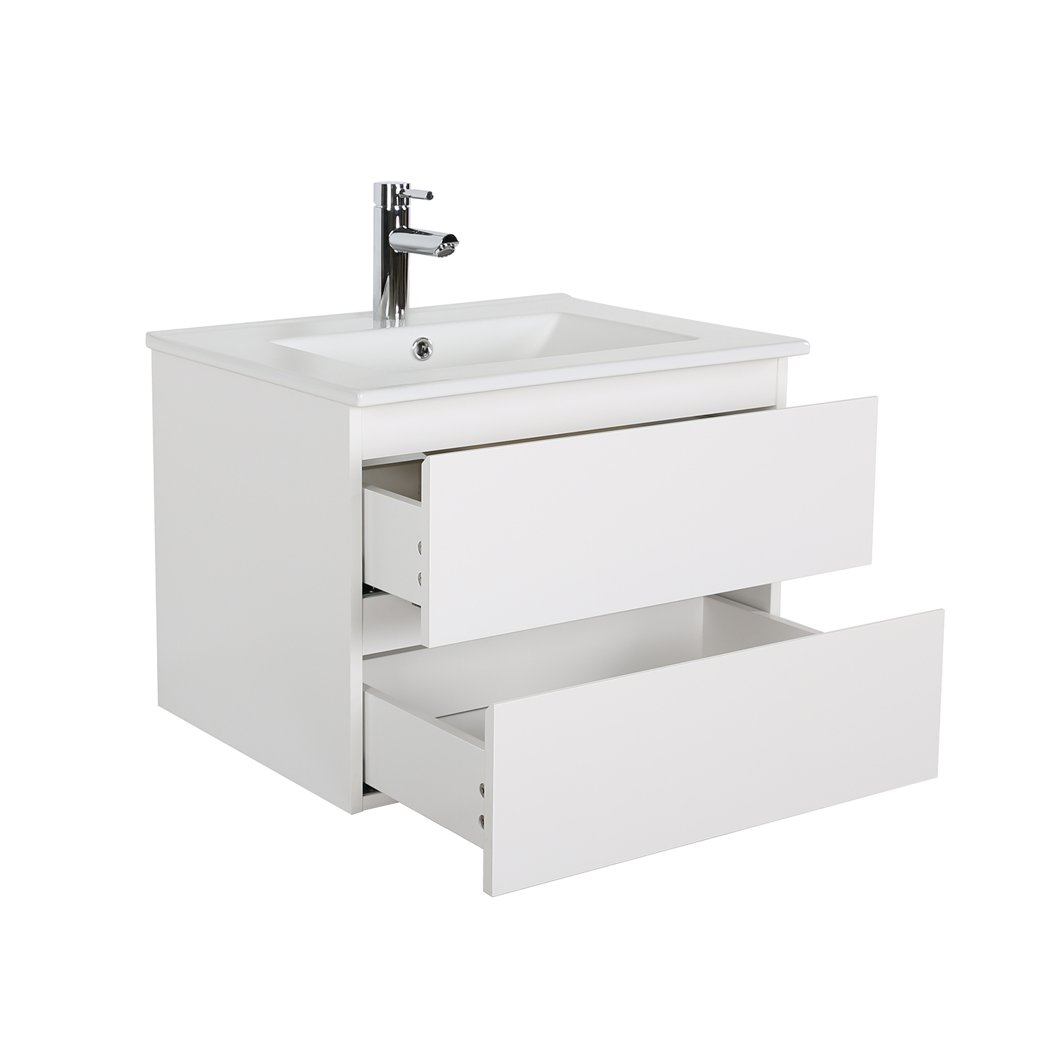 Ensemble simple vasque 60cm avec plan céramique, robinet chromé et miroir