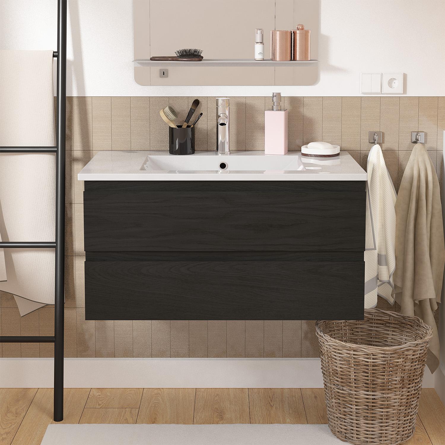 Ensemble meuble simple vasque décor chêne  80cm + vasque + robinet