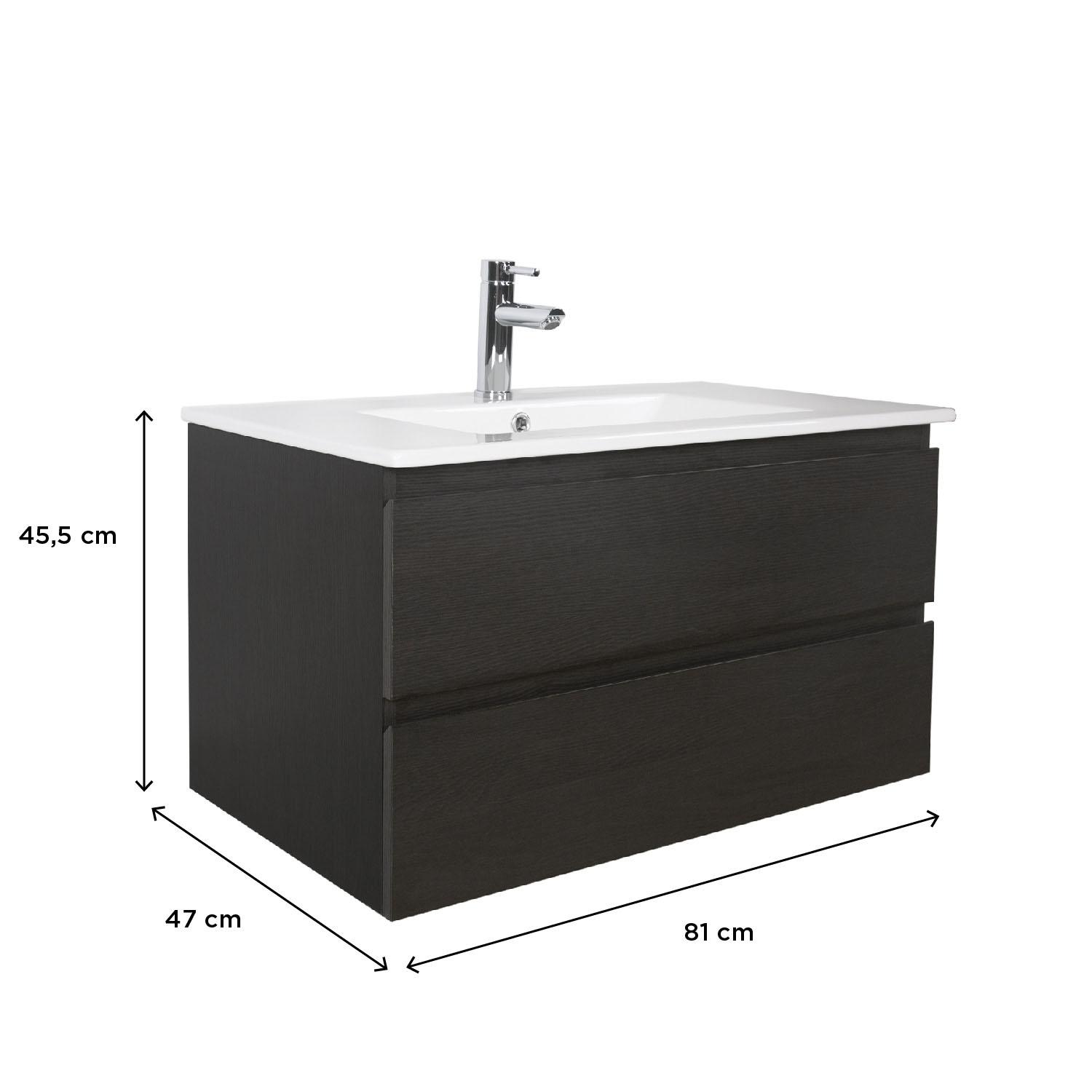 Ensemble meuble simple vasque décor chêne  80cm + vasque + robinet noir