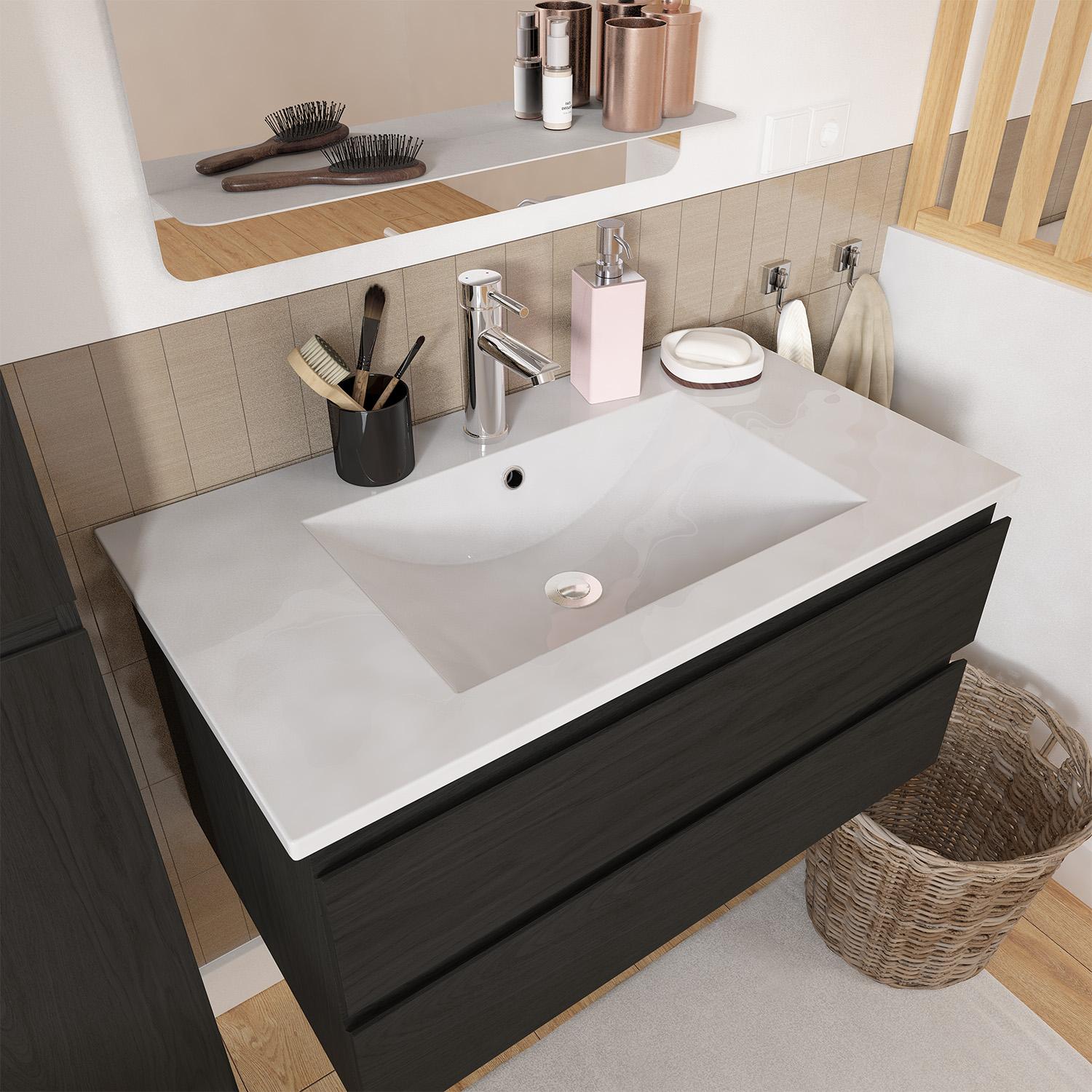 Ensemble meuble simple vasque décor chêne  80cm + vasque + robinet + miroir