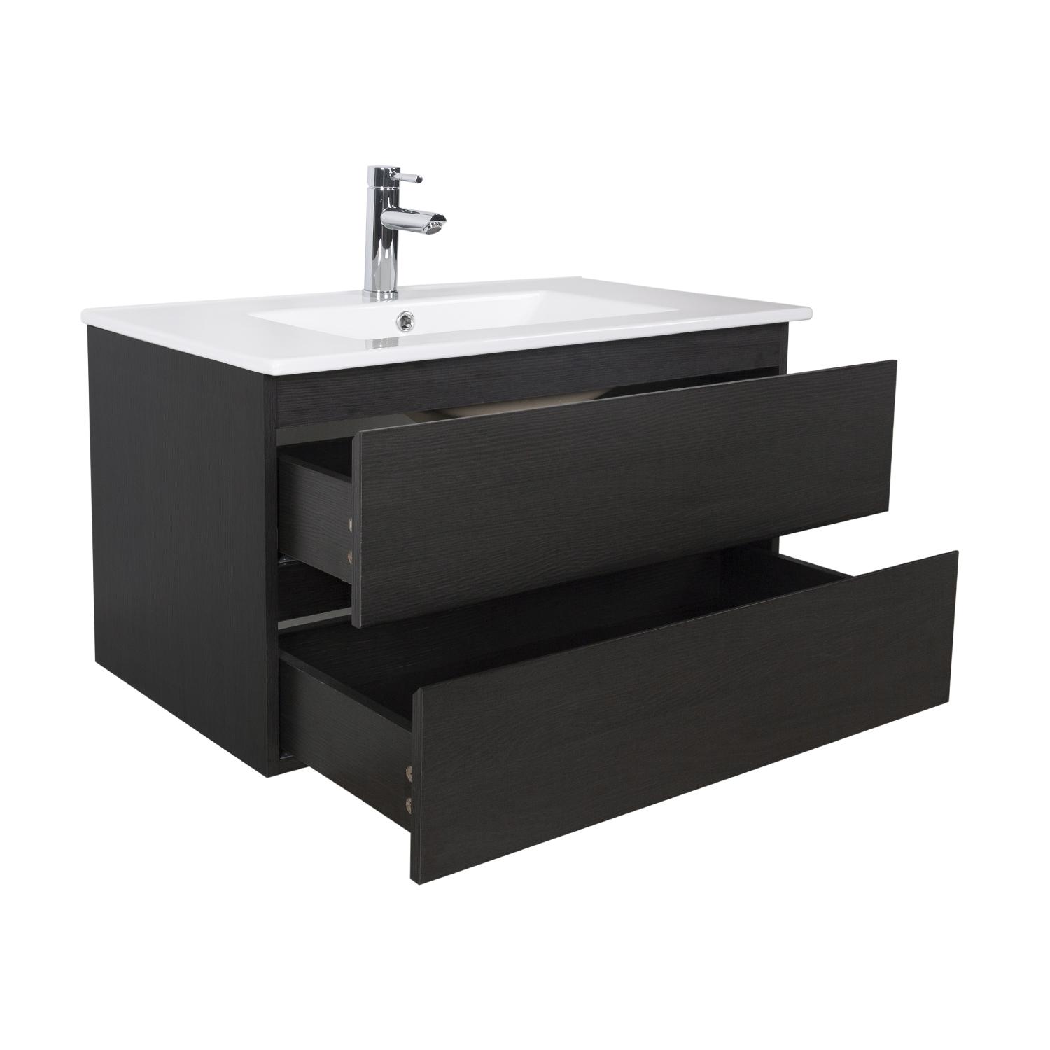 Ensemble meuble simple vasque 80cm décor chêne + vasque + robinet + miroir + colonne