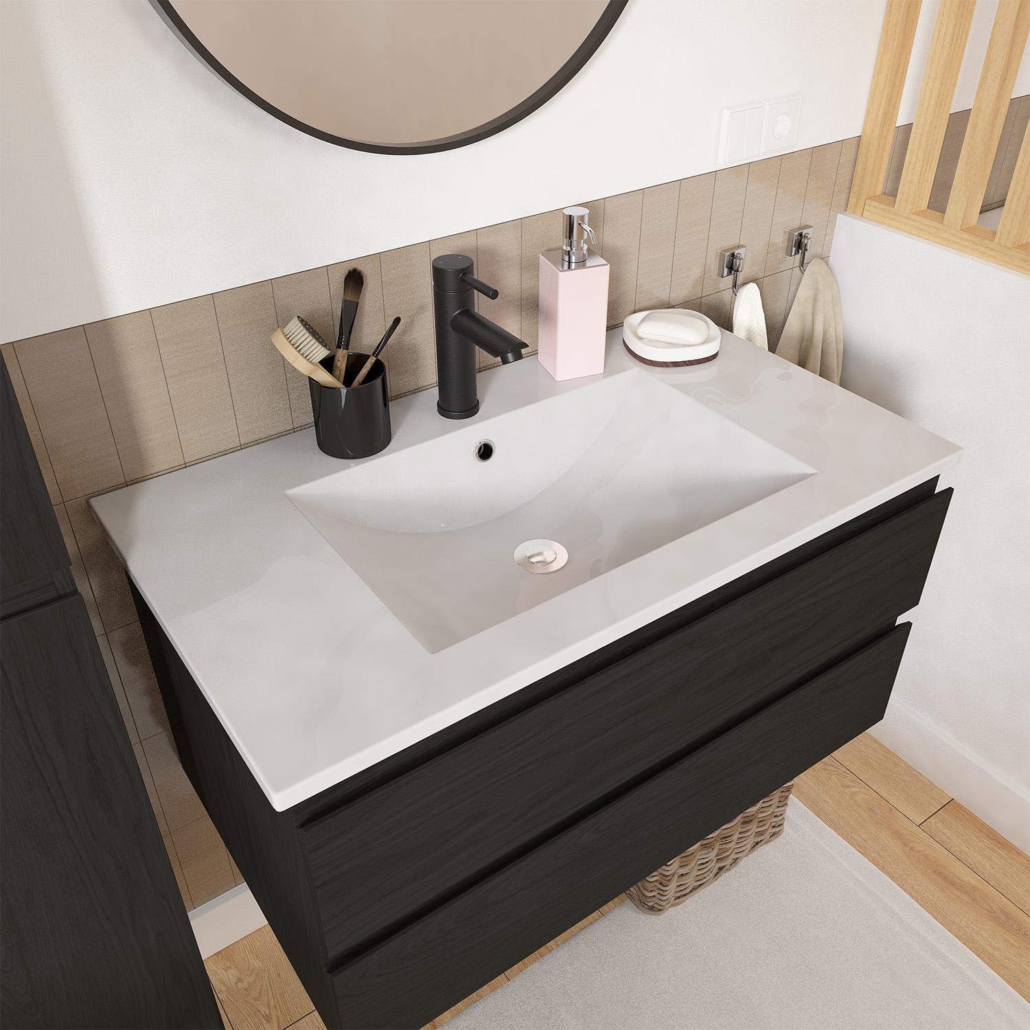 Ensemble meuble simple vasque décor chêne  80cm + vasque + robinet + miroir + colonne
