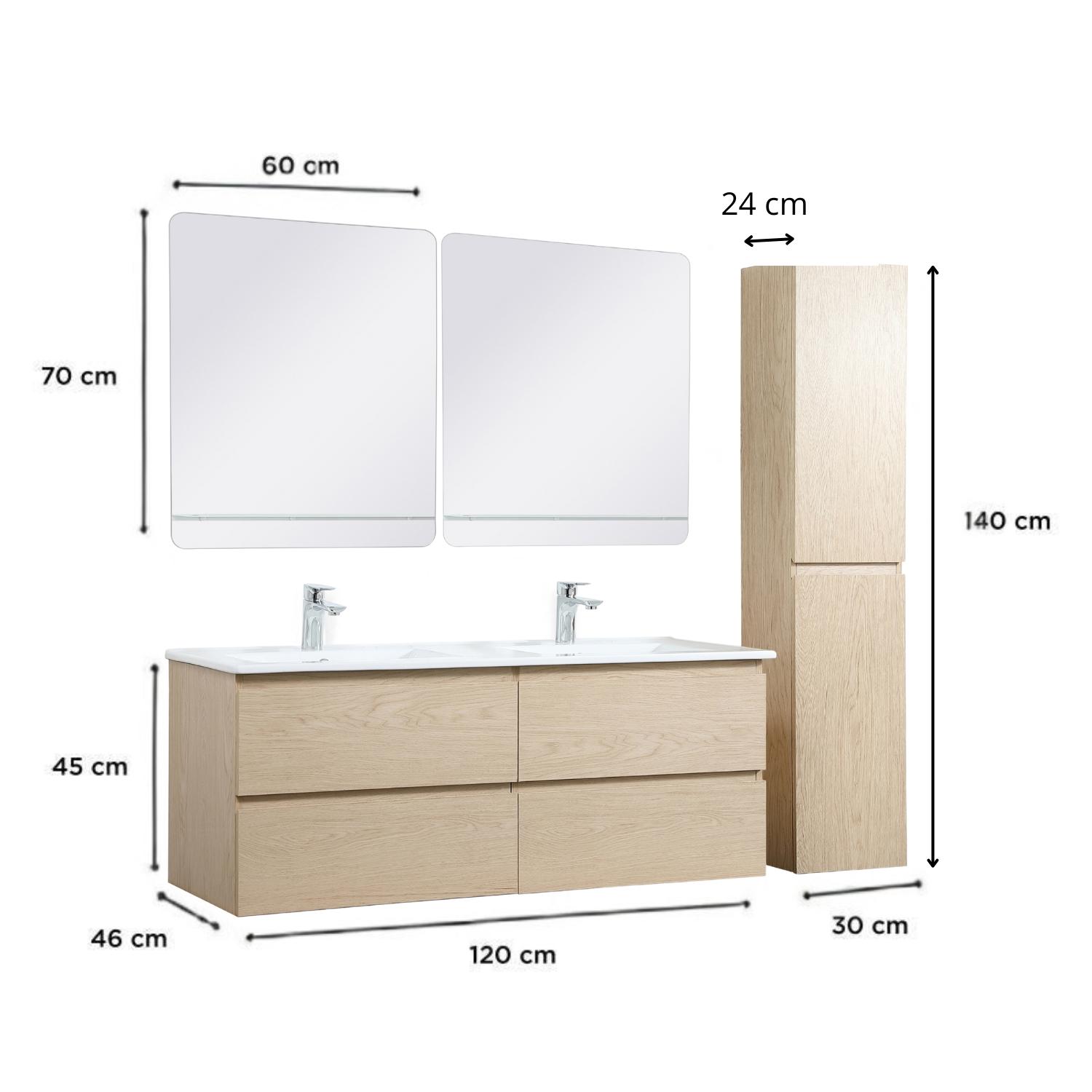 Ensemble meuble double vasque blanc  120cm + vasque + 2 miroirs + 2 robinets chromés + colonne