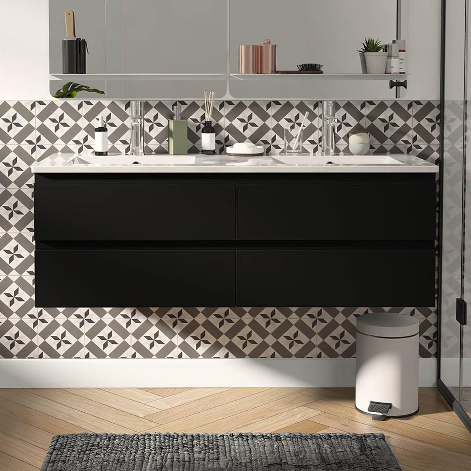 Ensemble double vasque 120cm avec plan céramique et robinets chromés
