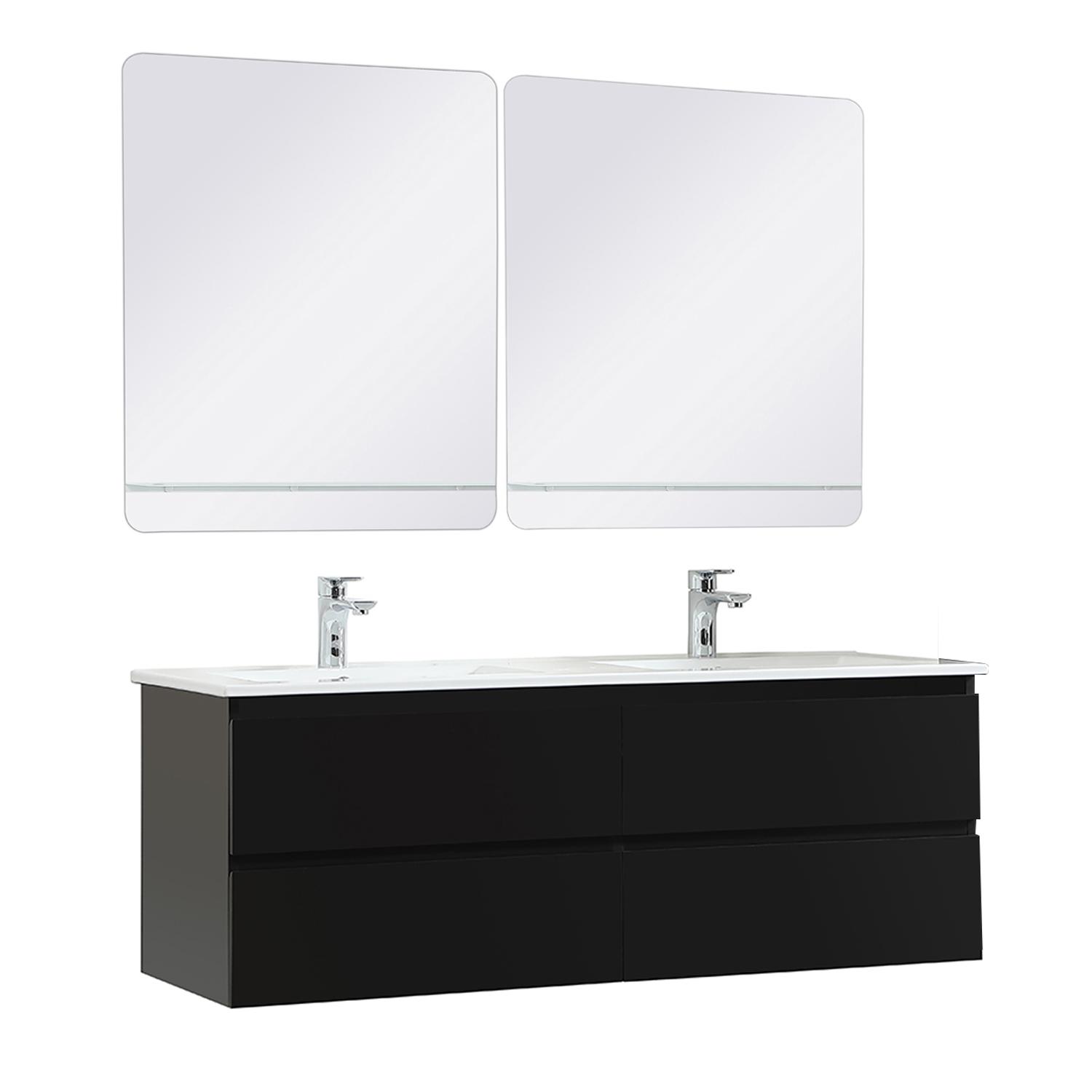 Ensemble double vasque 120cm avec plan céramique, robinets chromés et miroirs