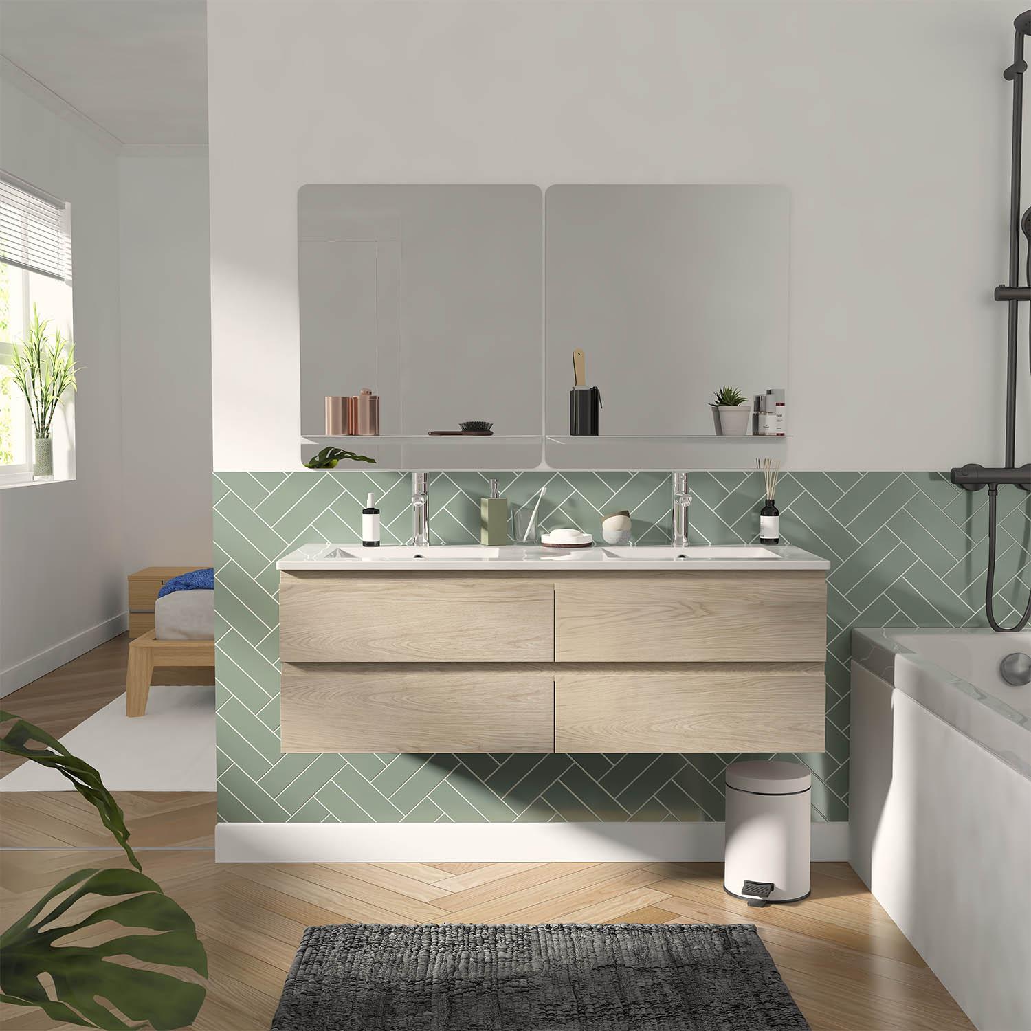 Ensemble double vasque 120cm avec plan céramique, robinets chromés et miroirs