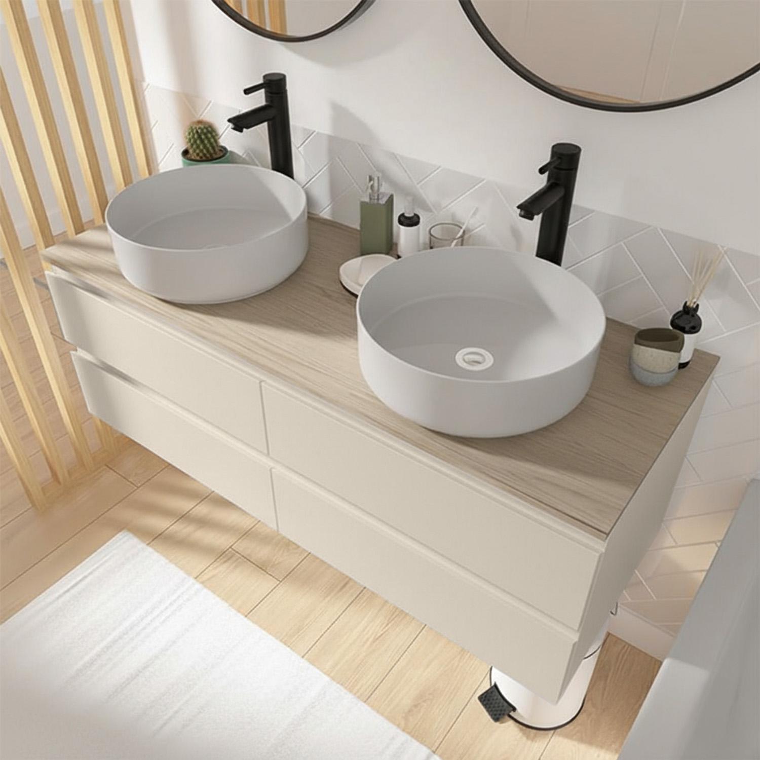 Meuble double vasque suspendu 120cm - avec plan vasque décor chêne