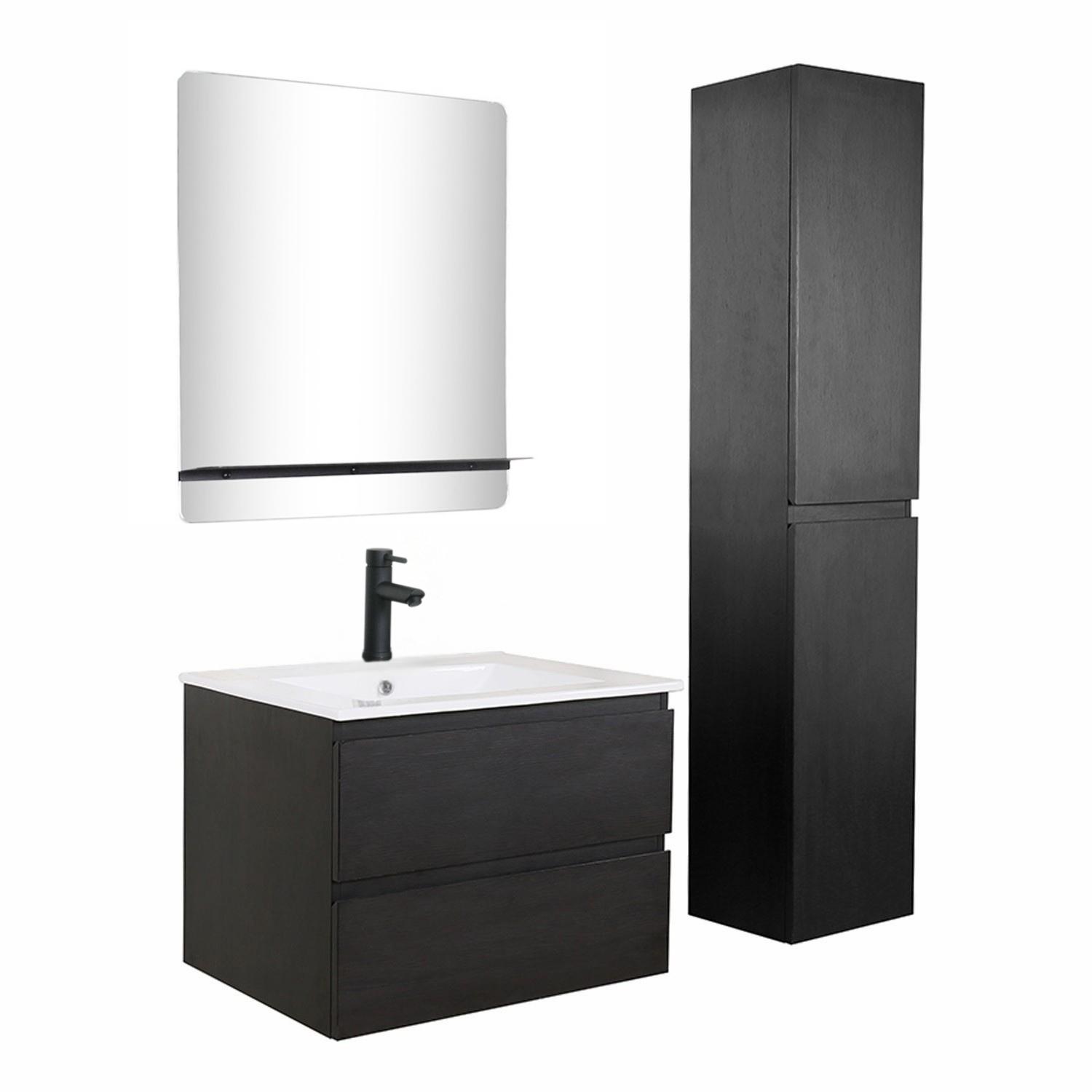 Ensemble meuble simple vasque 60cm décor chêne + vasque noire + robinet + miroir + colonne