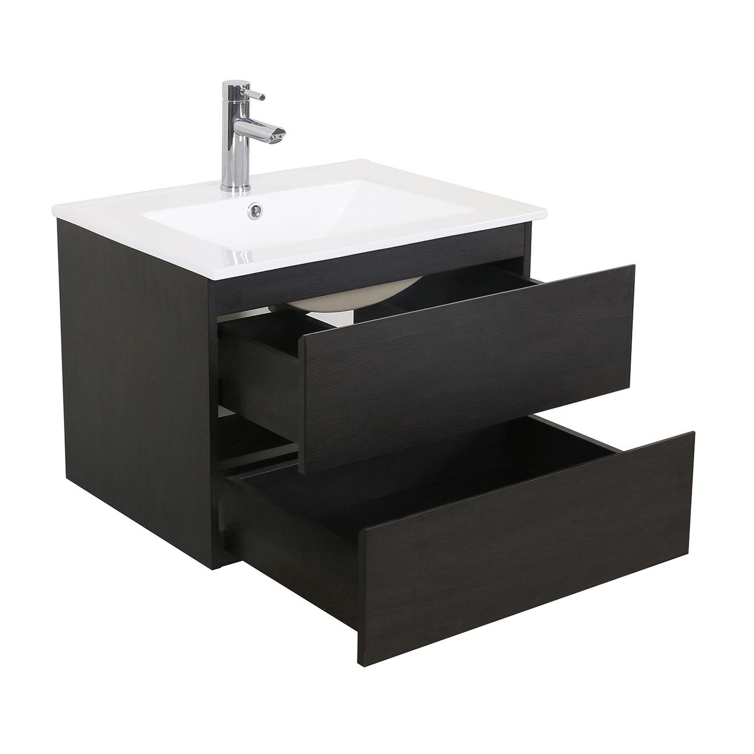 Ensemble meuble simple vasque 60cm décor chêne + vasque noire + robinet + miroir + colonne