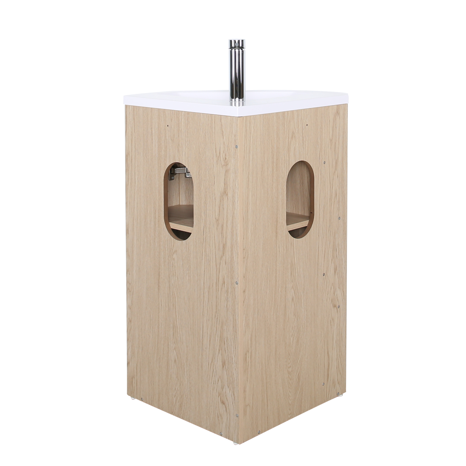Ensemble meuble sous vasque d'angle sur pieds avec vasque en résine, robinet noir et armoire de toilette