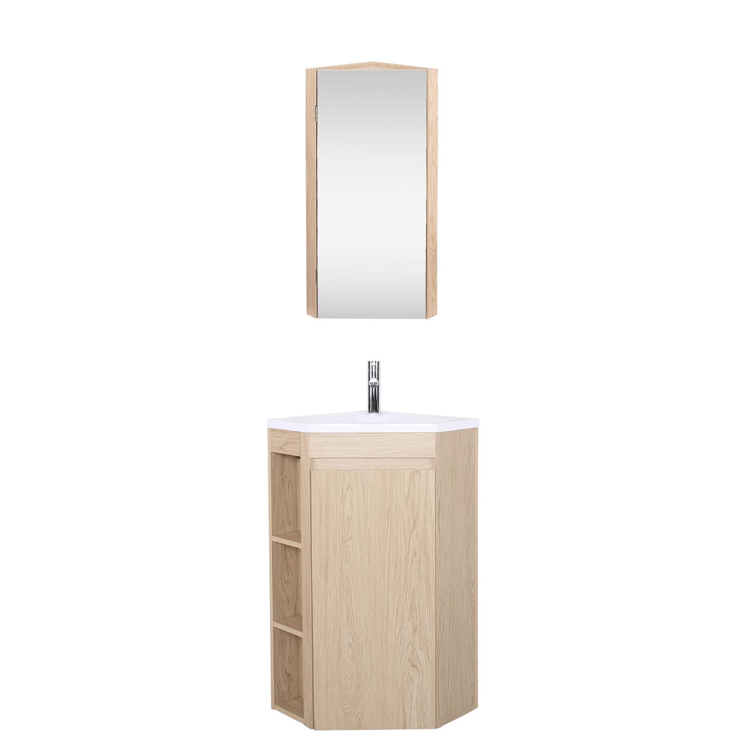 Ensemble meuble sous vasque d'angle sur pieds avec vasque en résine, robinet chromé et armoire de toilette