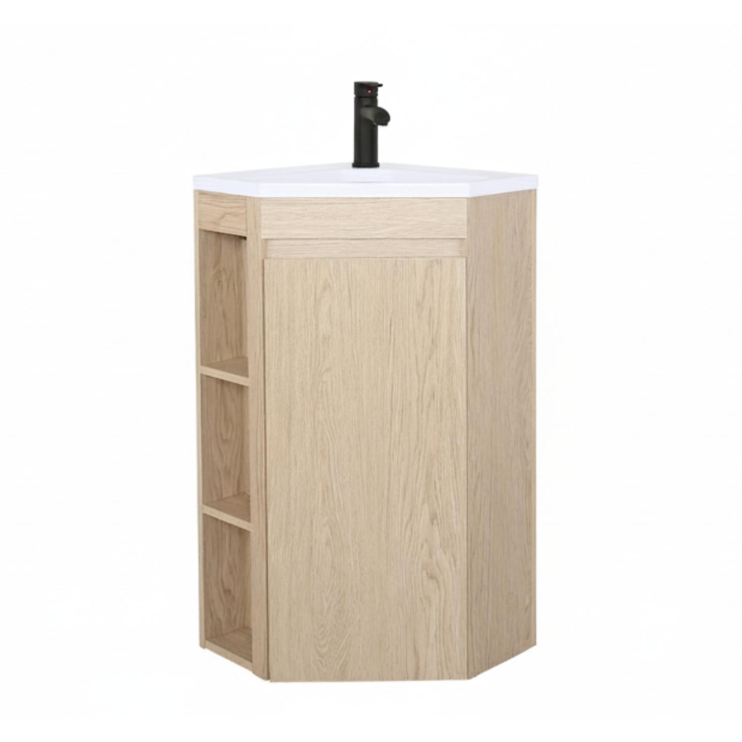 Ensemble meuble sous vasque d'angle sur pieds avec vasque en résine et robinet noir