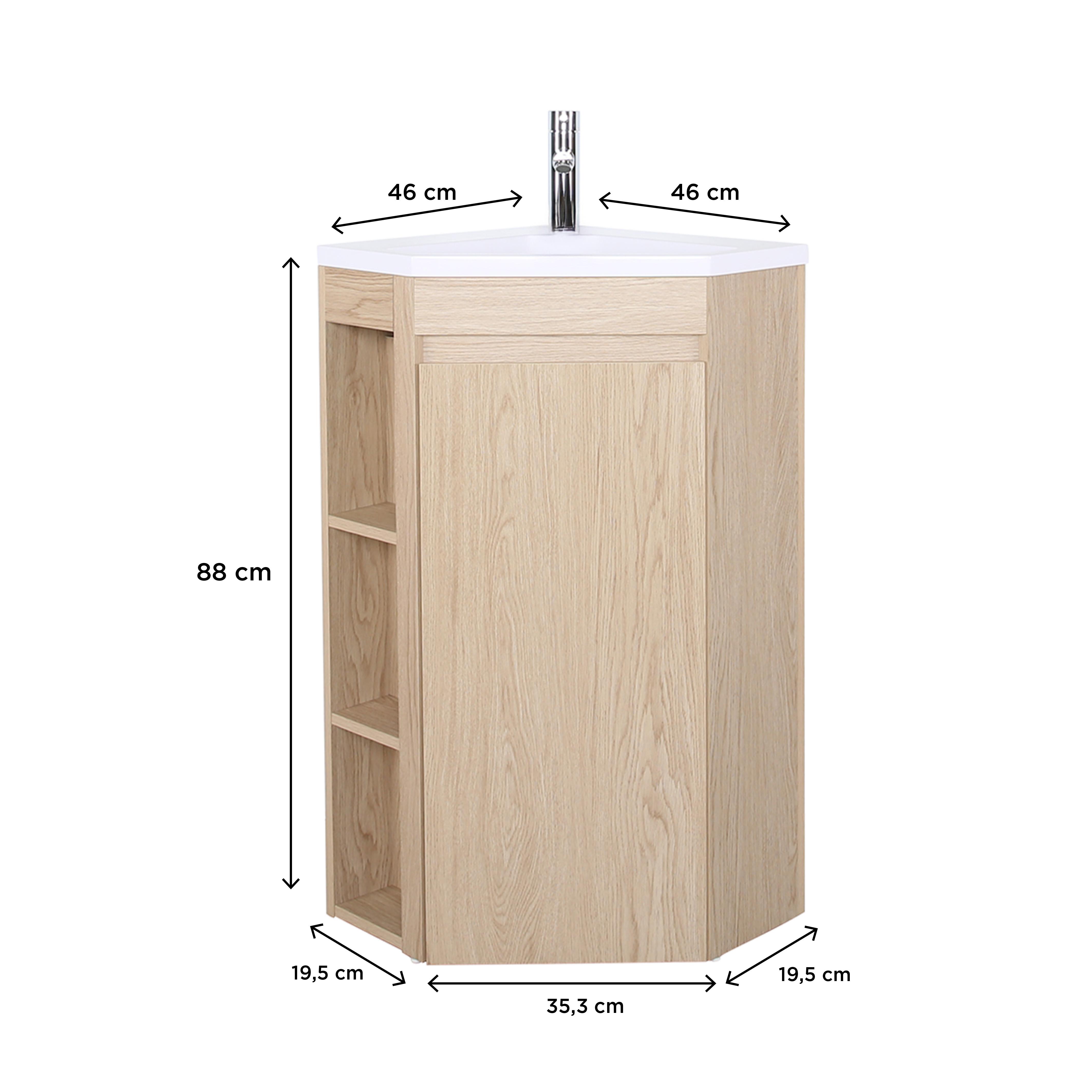 Ensemble meuble sous vasque d'angle sur pieds avec vasque en résine et robinet chromé