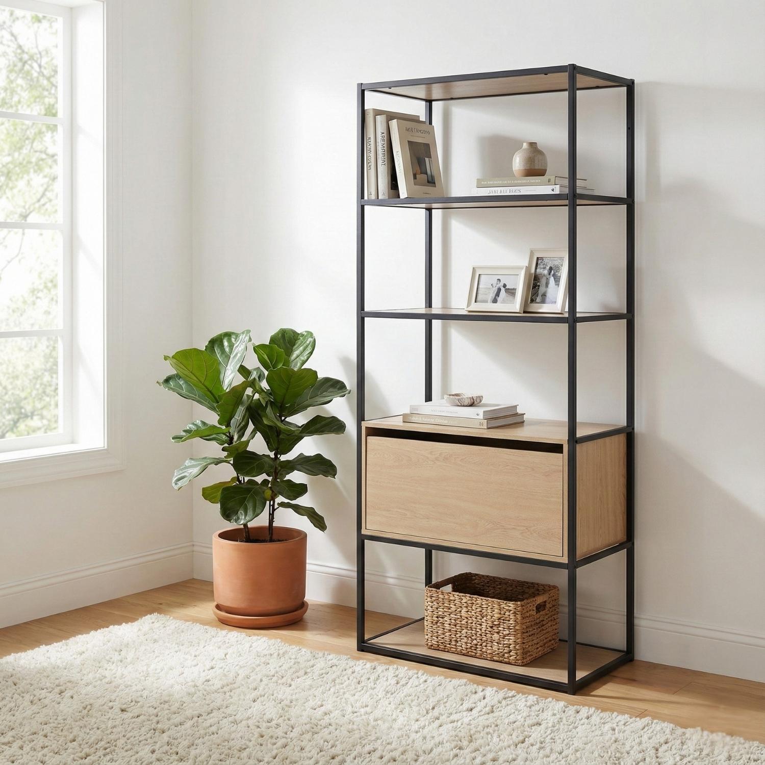 Portant vêtements en bois et métal gris 80x184,5cm - avec tiroir