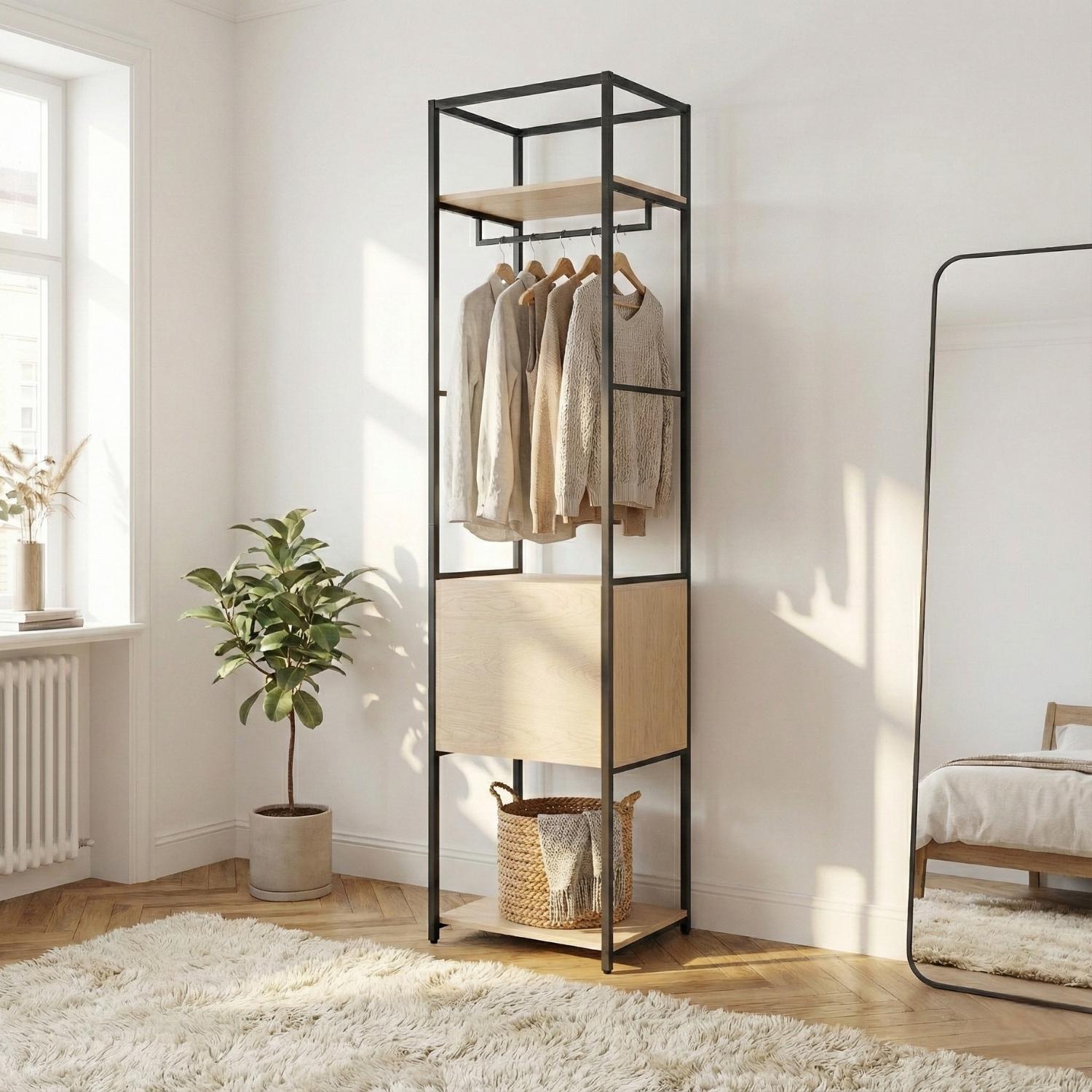 Portant vêtements en bois et métal noir 50x200cm - rangement fermé