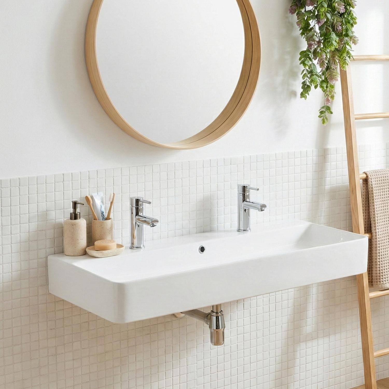 Grande vasque à suspendre 110cm céramique blanche double robinet SALINA.