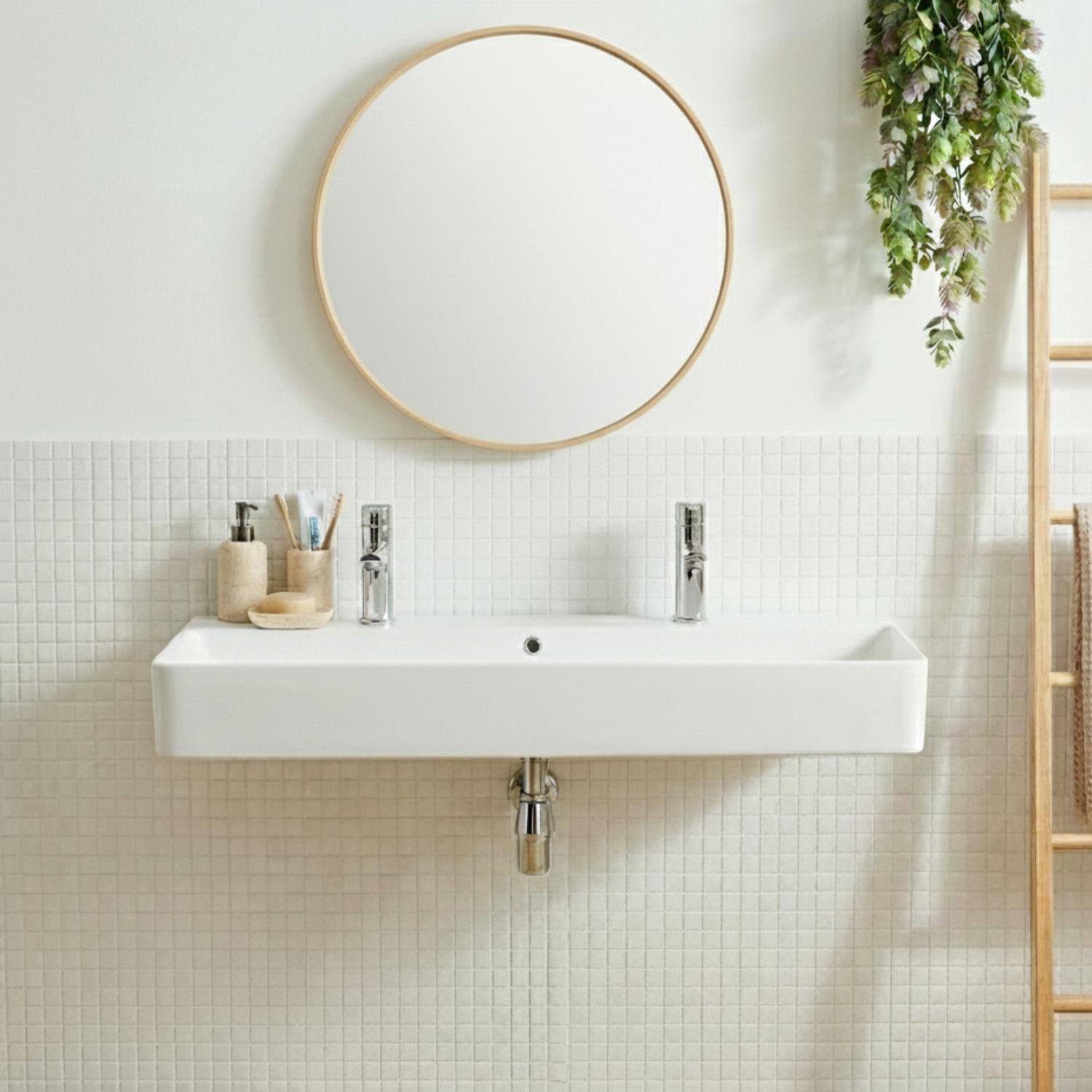 Grande vasque à suspendre 110cm céramique blanche double robinet SALINA.