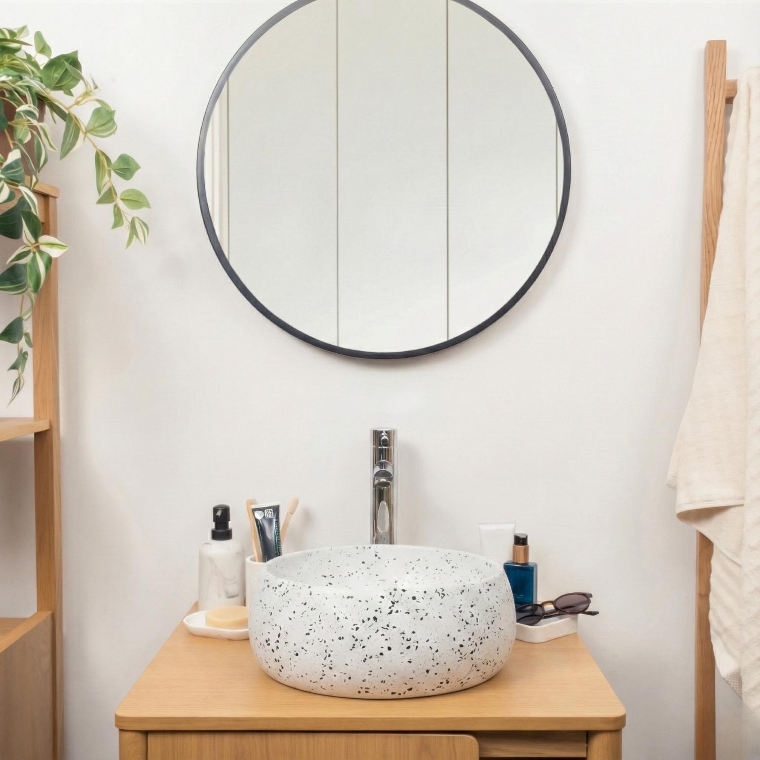 Vasque à poser ronde en terrazzo gris et blanc 40cm ZOLI style naturel.