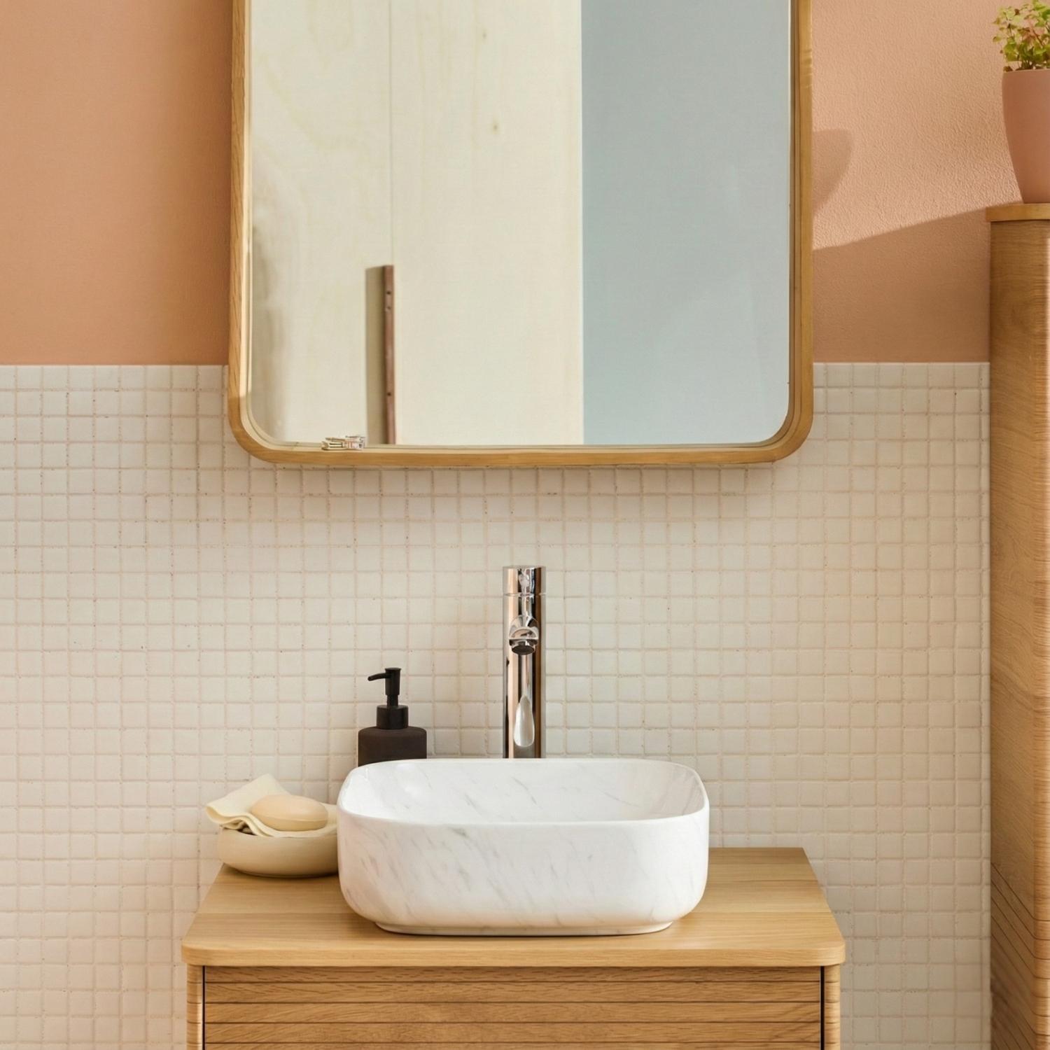 Vasque à poser carrée en céramique effet marbre blanc veiné 37cm DIANE.