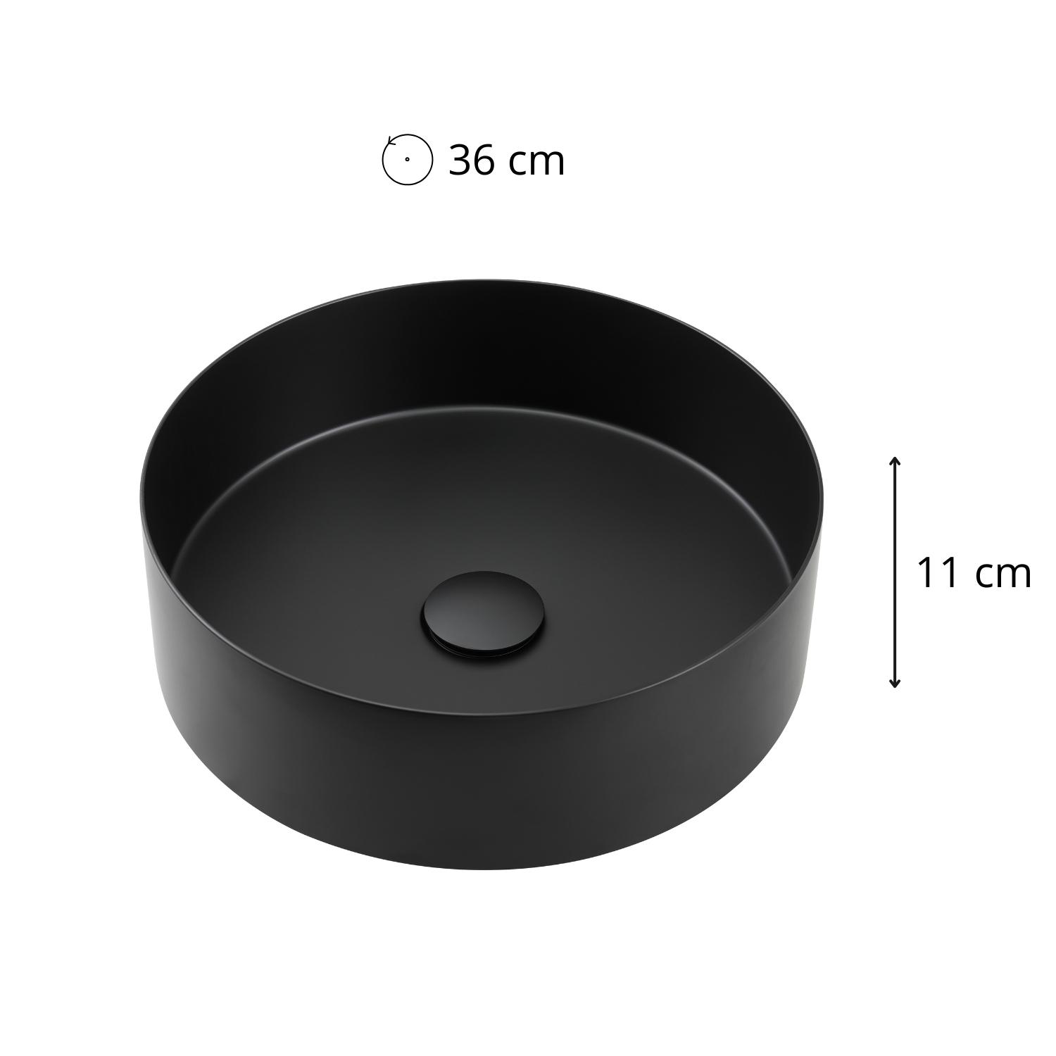 Vasque à poser ronde noire mate en acier inoxydable 36cm FUSION avec bonde.