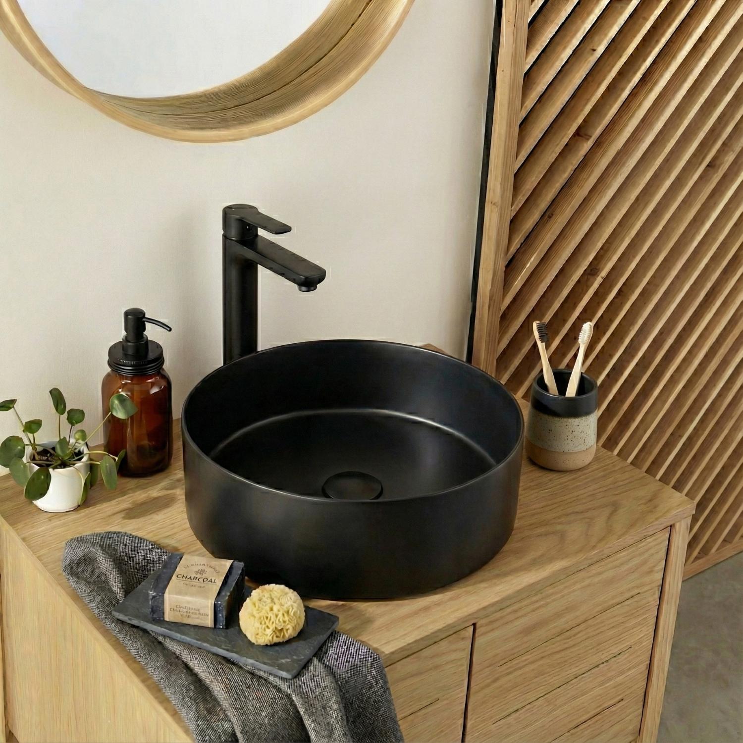Vasque à poser ronde noire mate en acier inoxydable 36cm FUSION avec bonde.