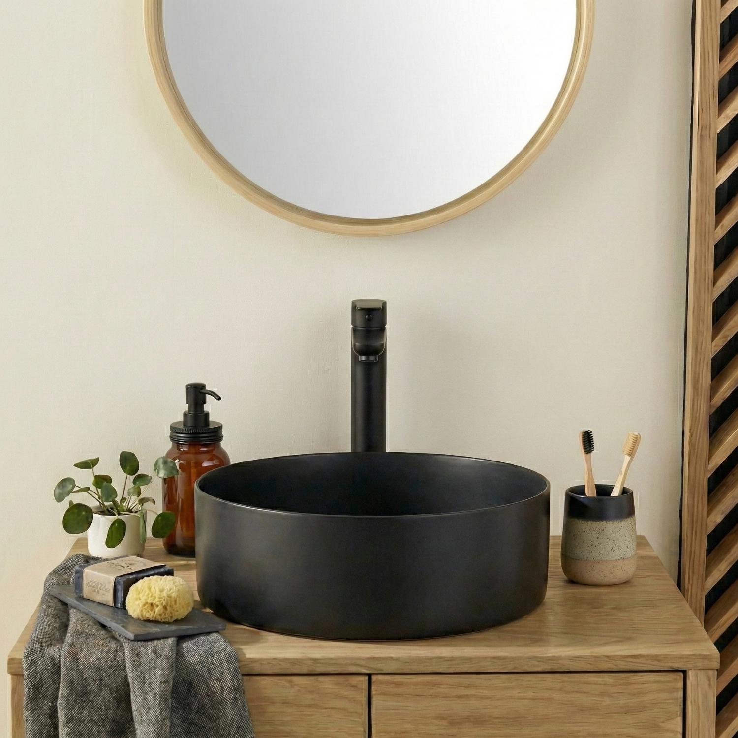 Vasque à poser ronde noire mate en acier inoxydable 36cm FUSION avec bonde.