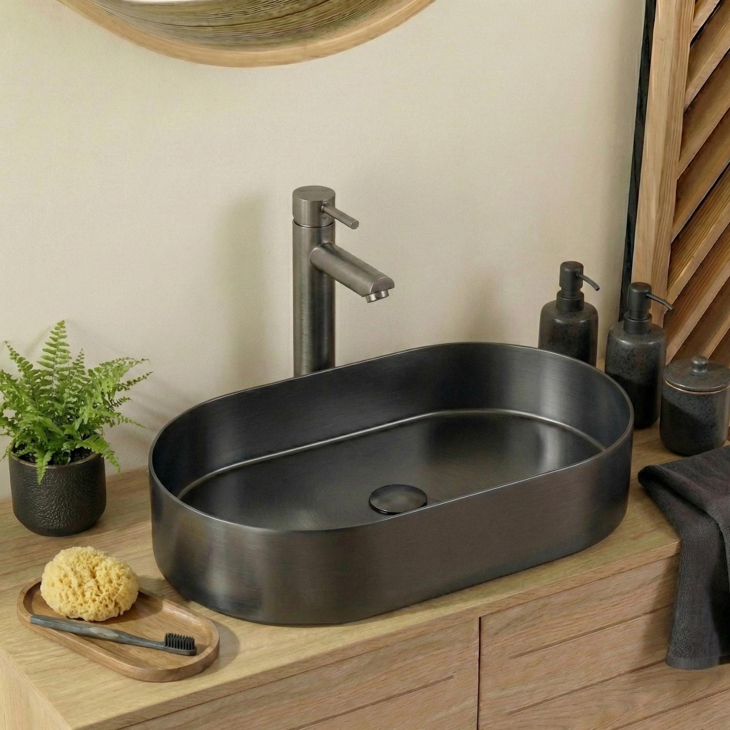 Vasque à poser ovale inox gris gunmetal brossé 55cm FUSION avec bonde.