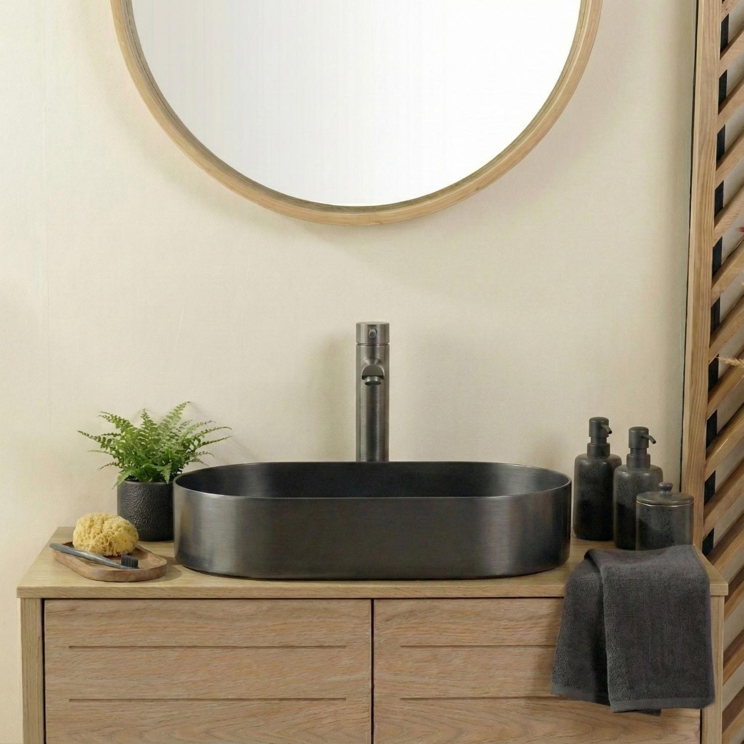 Vasque à poser ovale inox gris gunmetal brossé 55cm FUSION avec bonde.