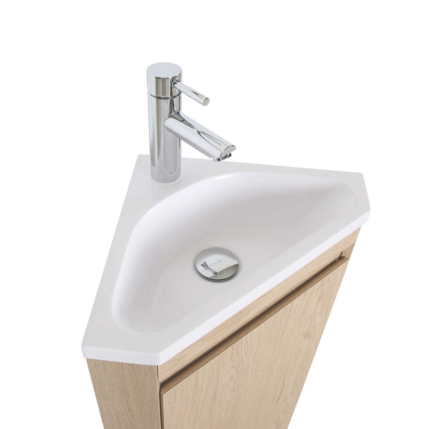 Meuble lave-mains d'angle sur pieds avec robinet chromé et armoire de toilette