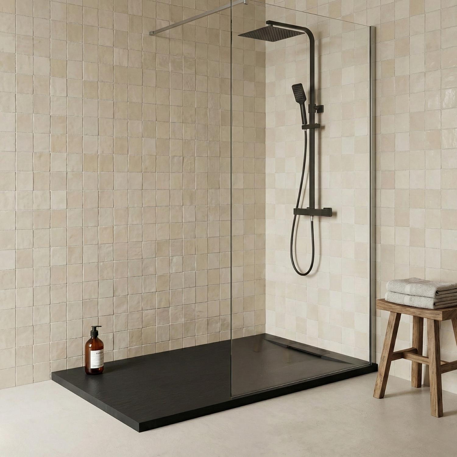 Receveur de douche en résine aspect pierre extra-plat noir - Bonde incluse