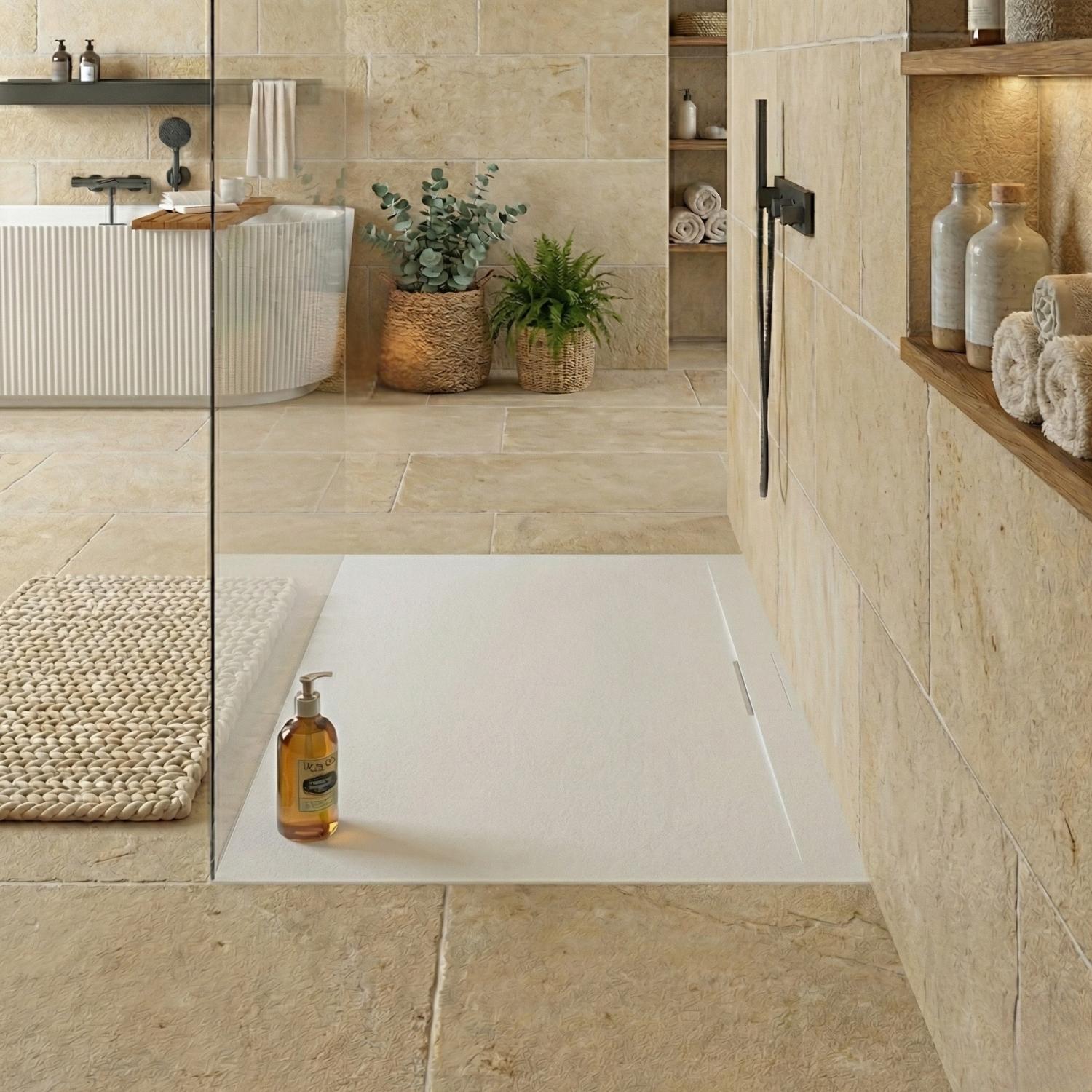 Receveur de douche mural en résine aspect pierre extra-plat blanc - Bonde incluse