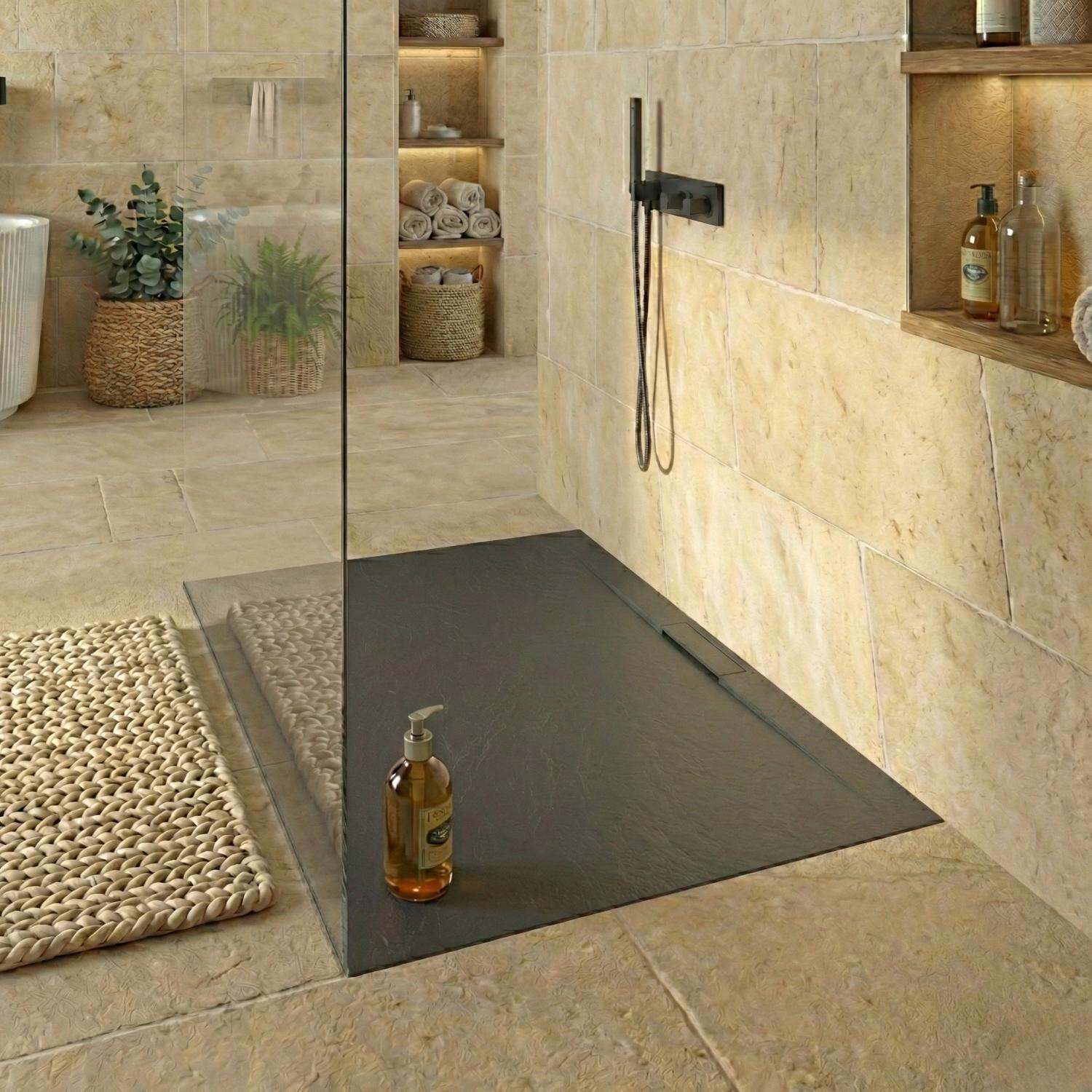 Receveur de douche mural en résine aspect pierre extra-plat gris anthracite - Bonde incluse