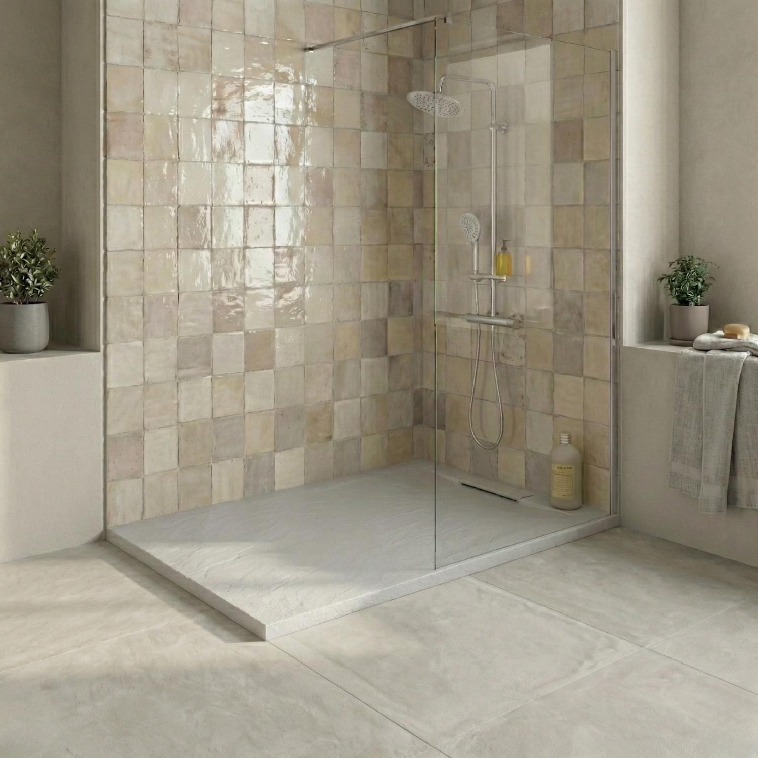 Receveur de douche en résine aspect pierre extra-plat gris clair - Bonde incluse