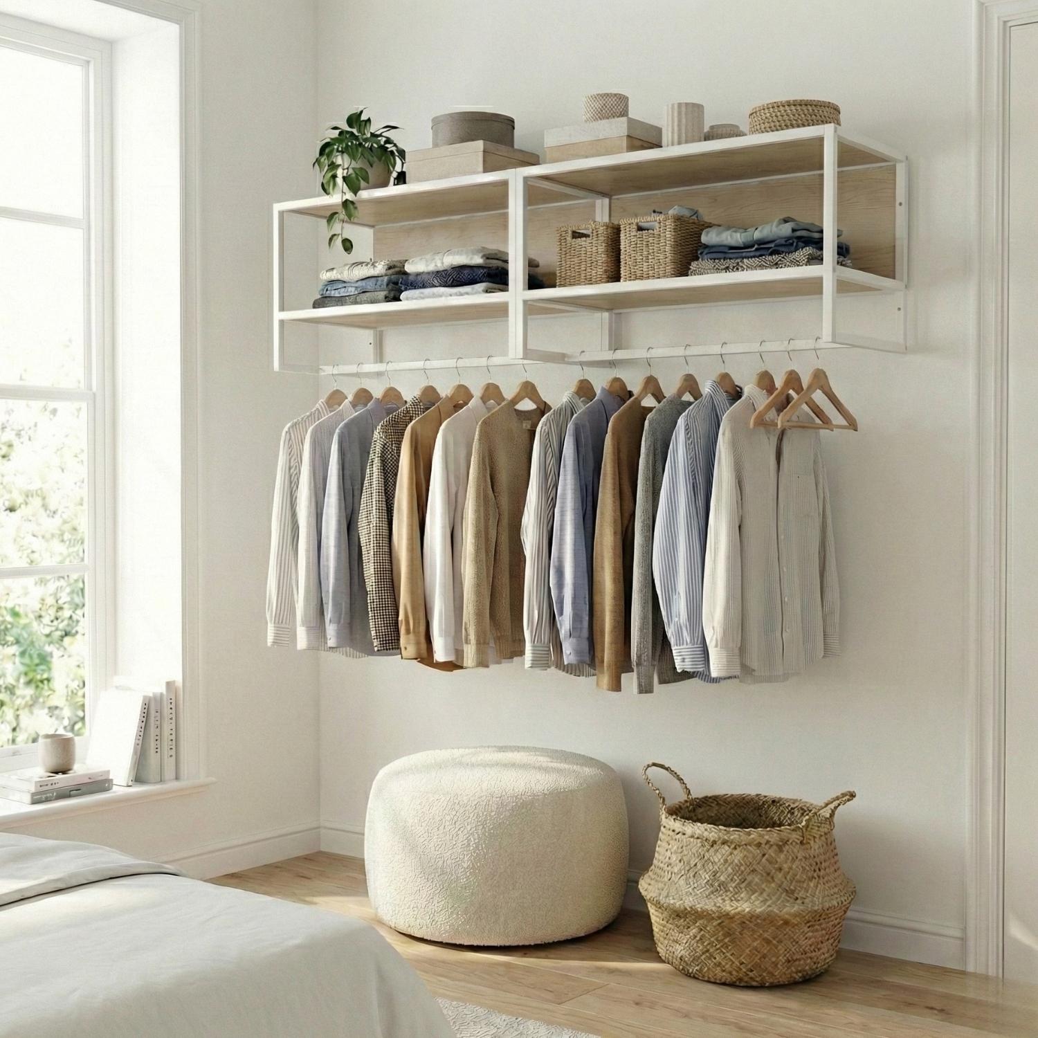 Etagère penderie murale en bois et métal blanc 90x40cm