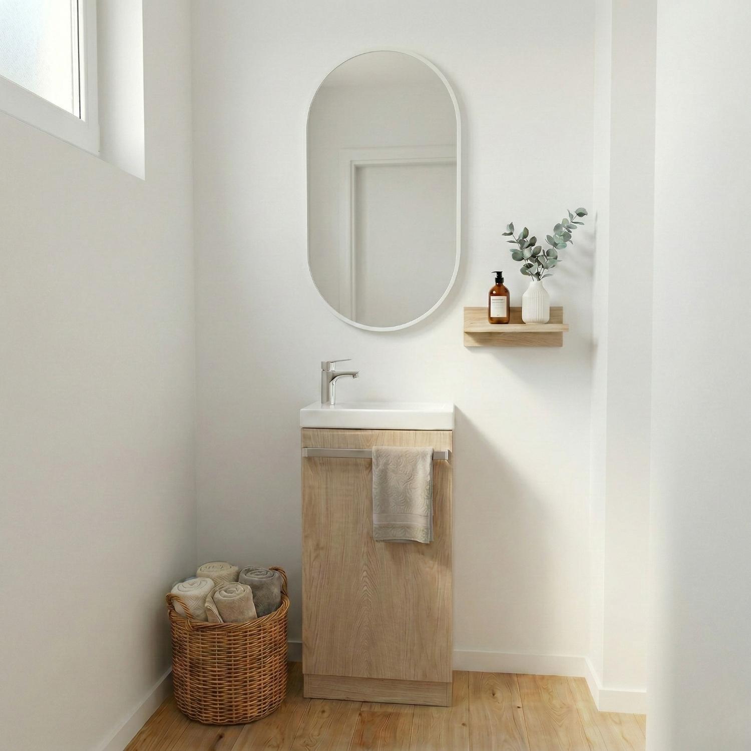 Ensemble lave-mains sur pieds décor chêne avec miroir ovale