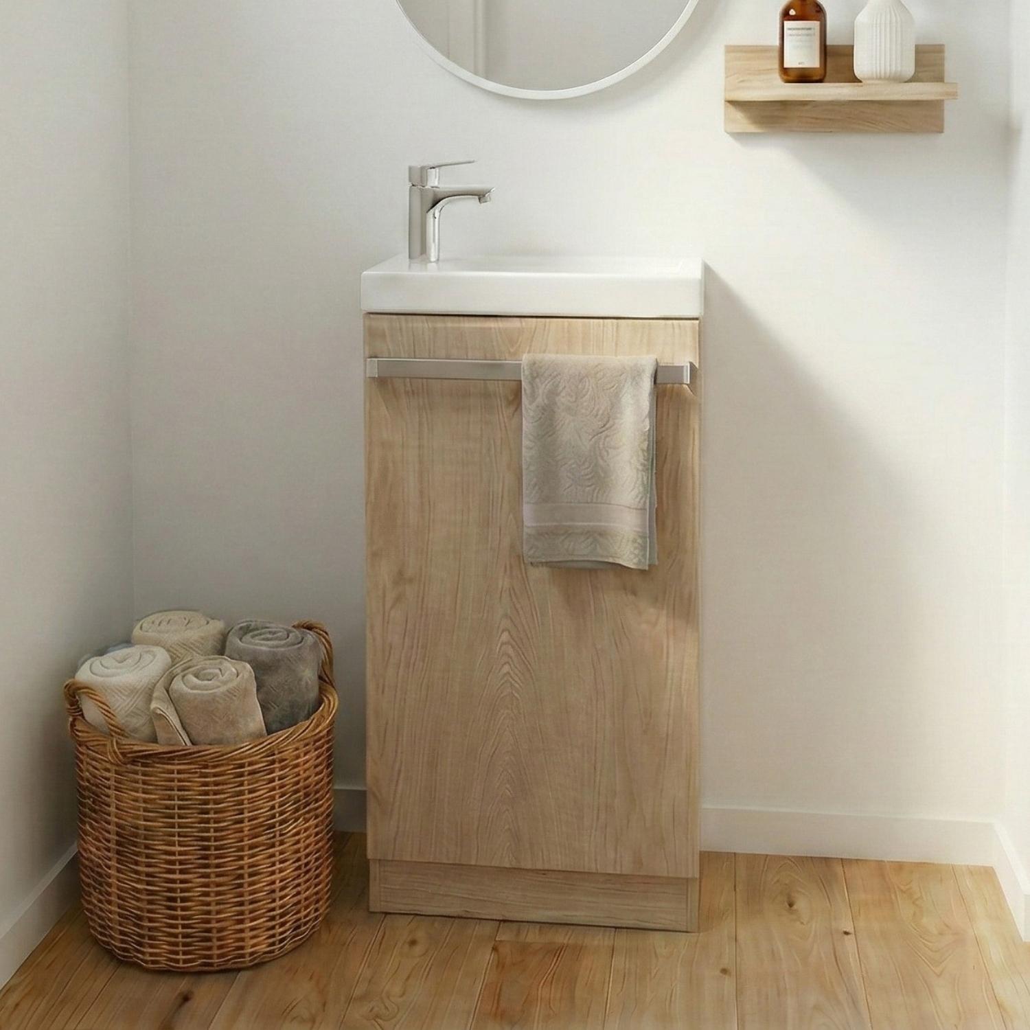 Ensemble lave-mains sur pieds décor chêne avec robinet chromé