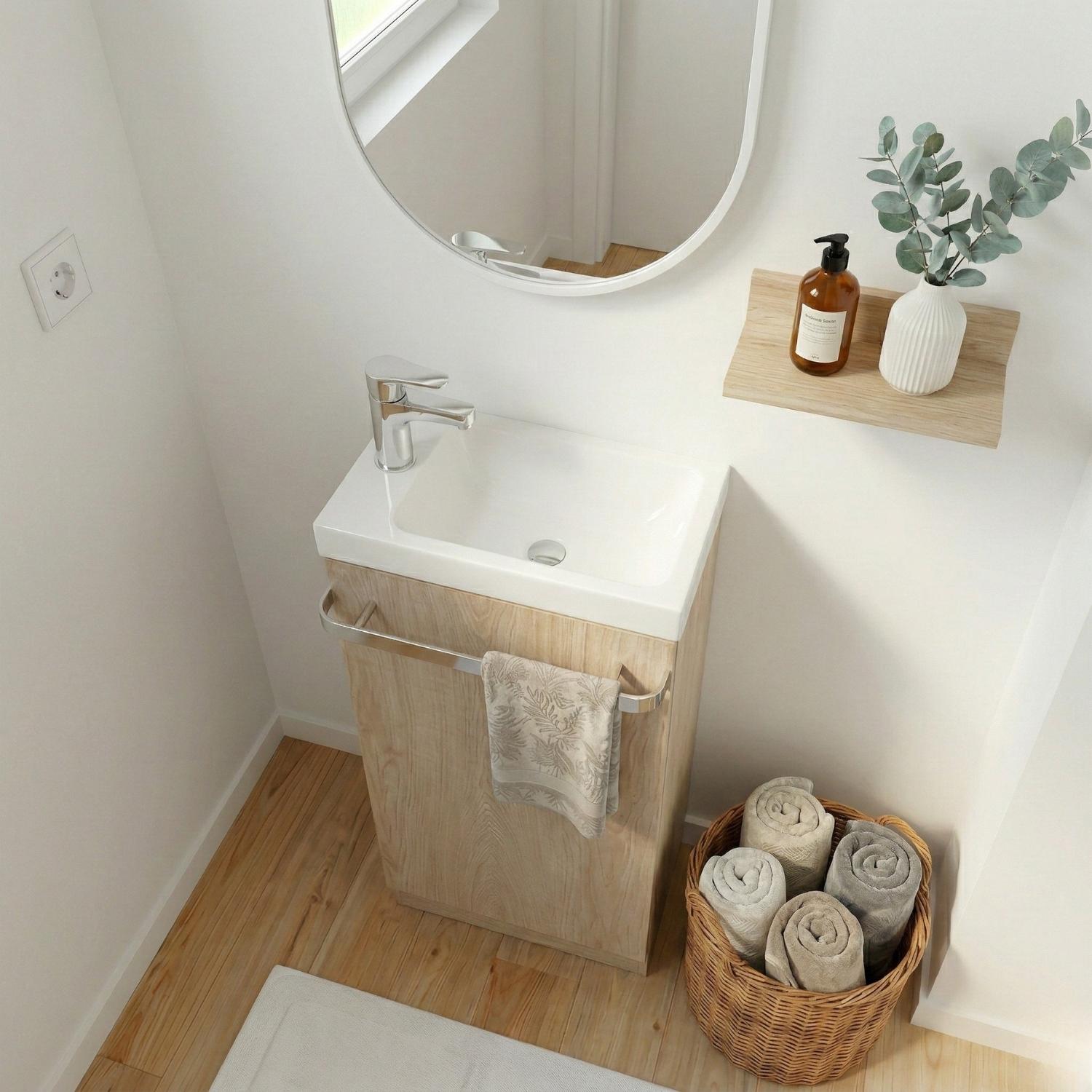 Meuble lave-mains sur pieds décor chêne avec vasque en céramique