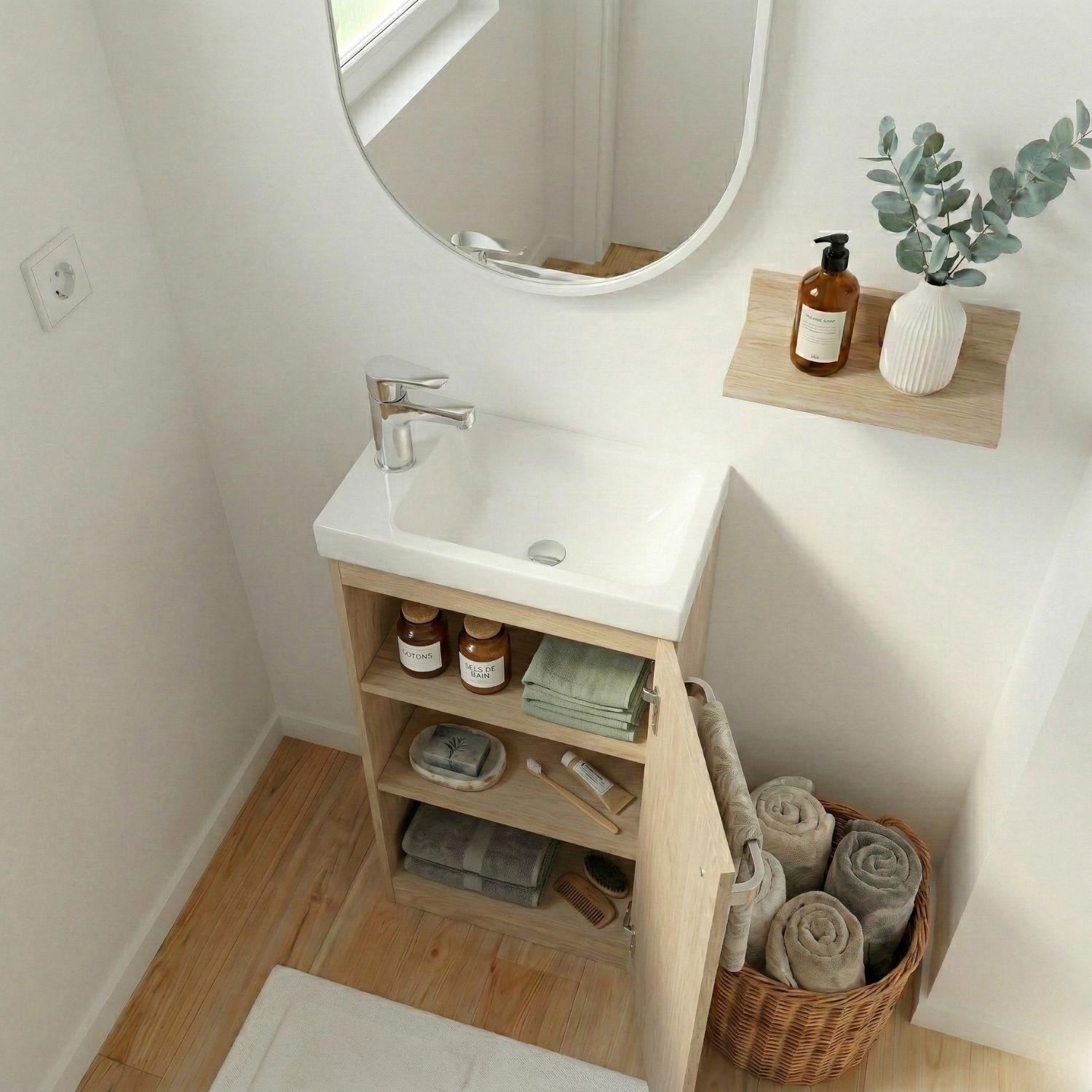Meuble lave-mains sur pieds décor chêne avec vasque en céramique